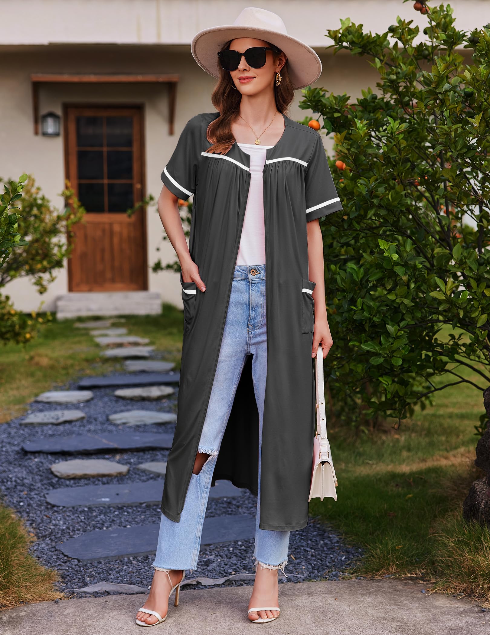 Ekouaer Zipper Robes for Women Short Sleeve Bathrobe Soft Lightweight Housecoat Full Length Nightgown with Pockets S-3XL WEBE CLOTHING