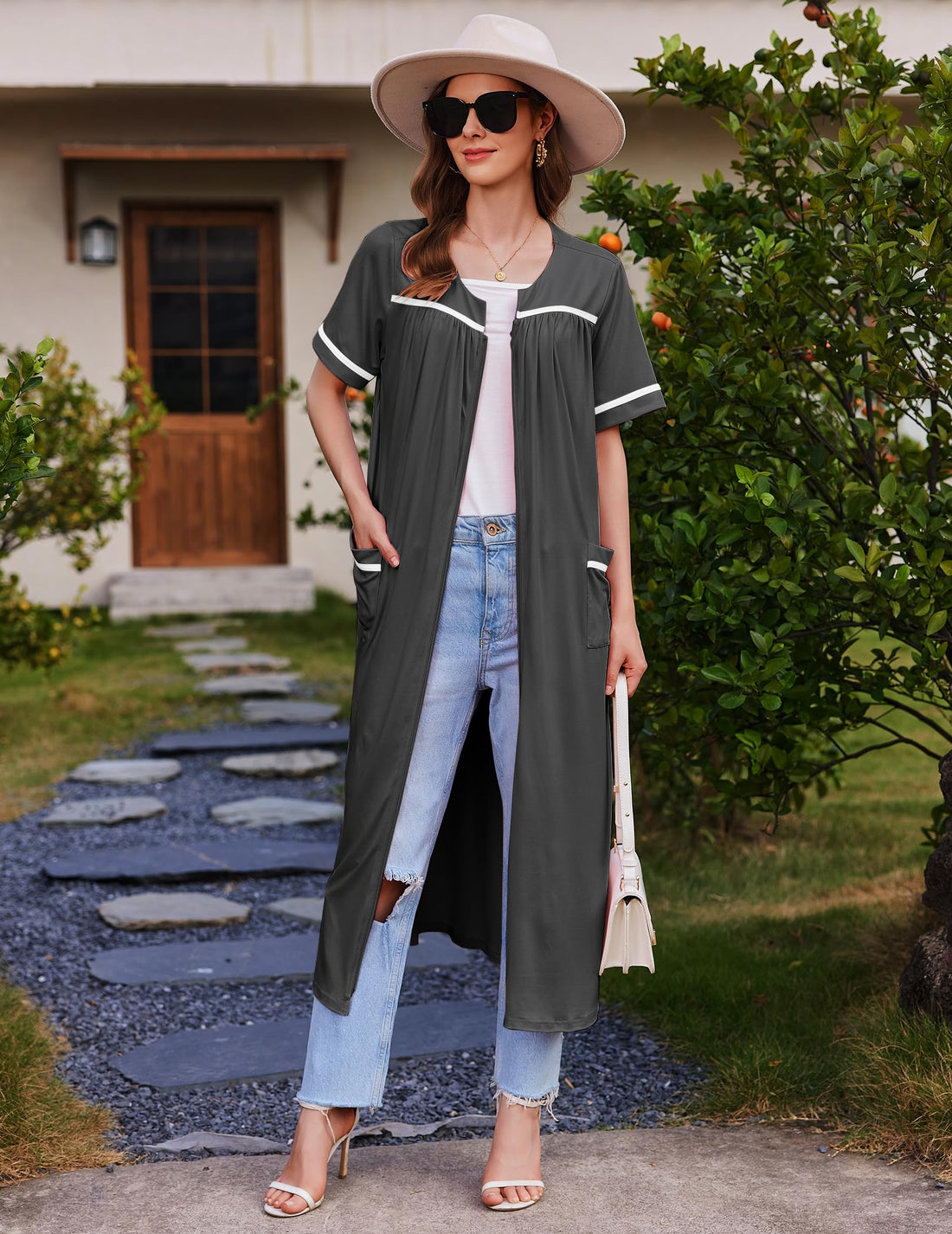 Ekouaer Zipper Robes for Women Short Sleeve Bathrobe Soft Lightweight Housecoat Full Length Nightgown with Pockets S-3XL WEBE CLOTHING