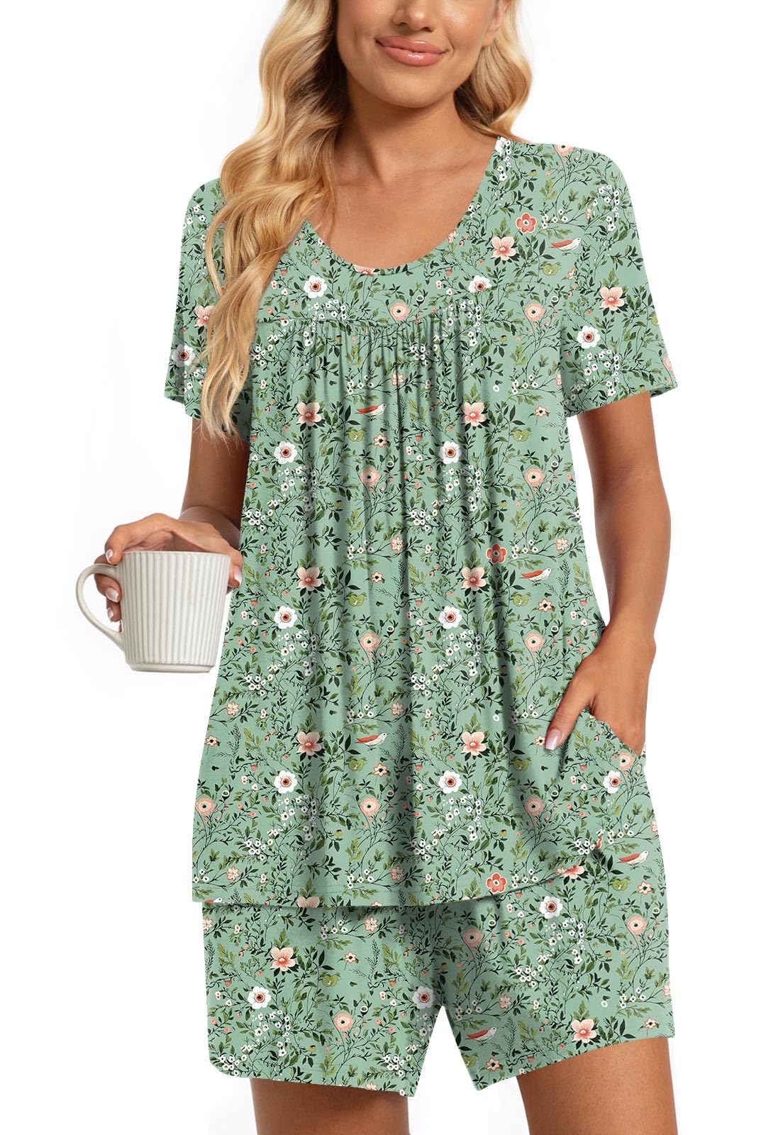 TAOHUADAO 2 Piece Women's Short Sleeve Pajama Sets, Lounge Sleepwear Ladies Pjs Sets with Pockets