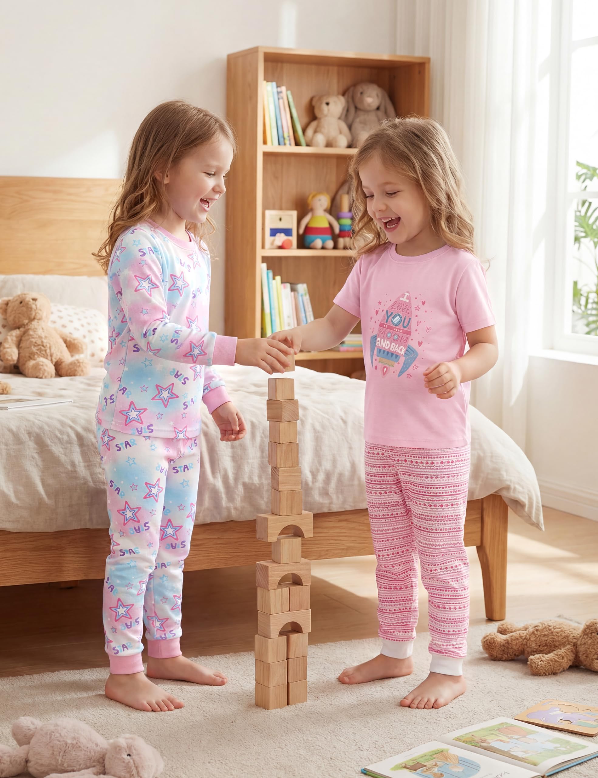 Yoofoss Toddler Pajamas 100% Organic Cotton Girls Boys Pajamas for Kids 4 Piece Snug Fit Long & Short Sleeves Pjs Set