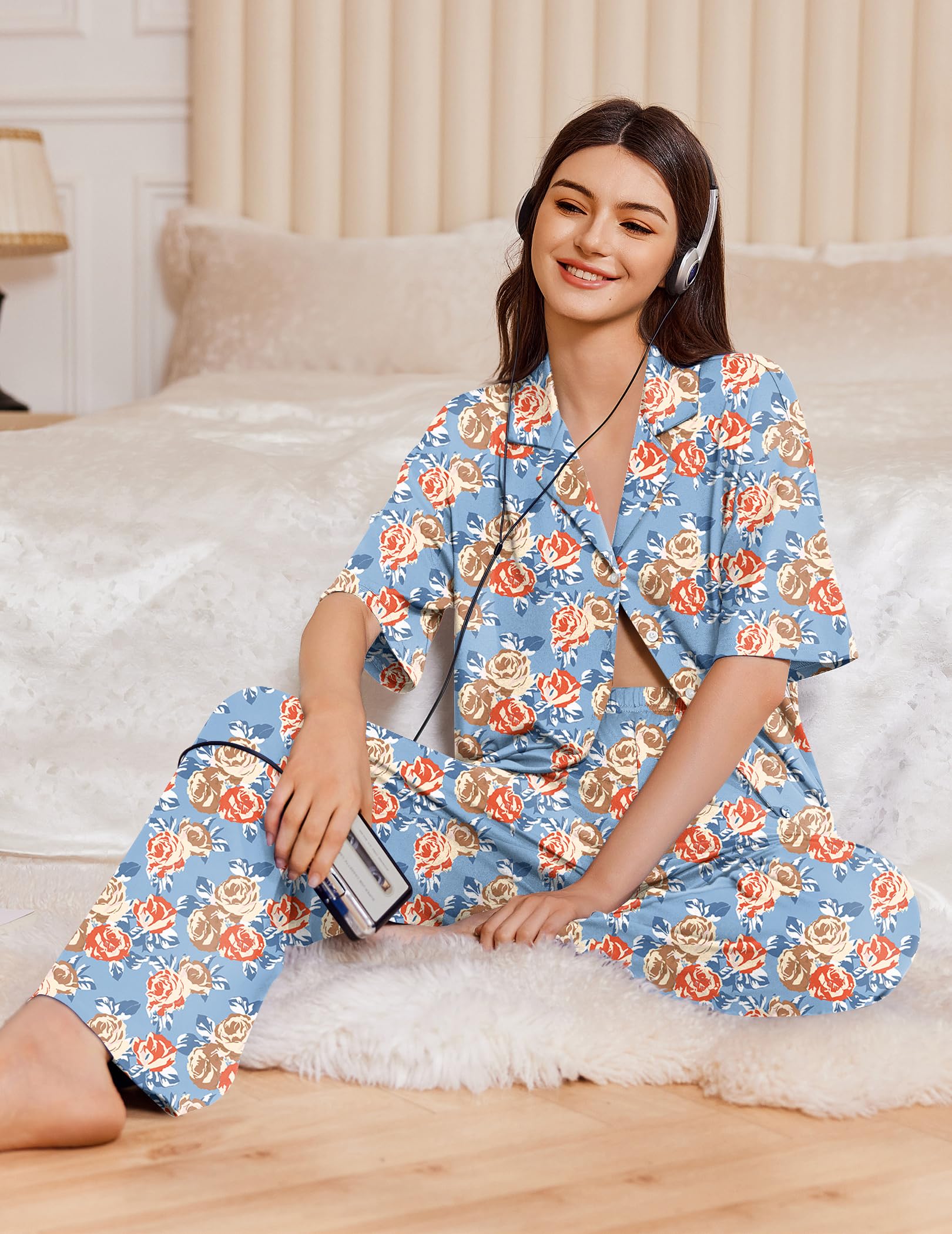 Ekouaer Women Pajamas Set Button Down Sleepwear Short Sleeve Pjs Soft Comfy Nightwear with Long Pants S-XXL