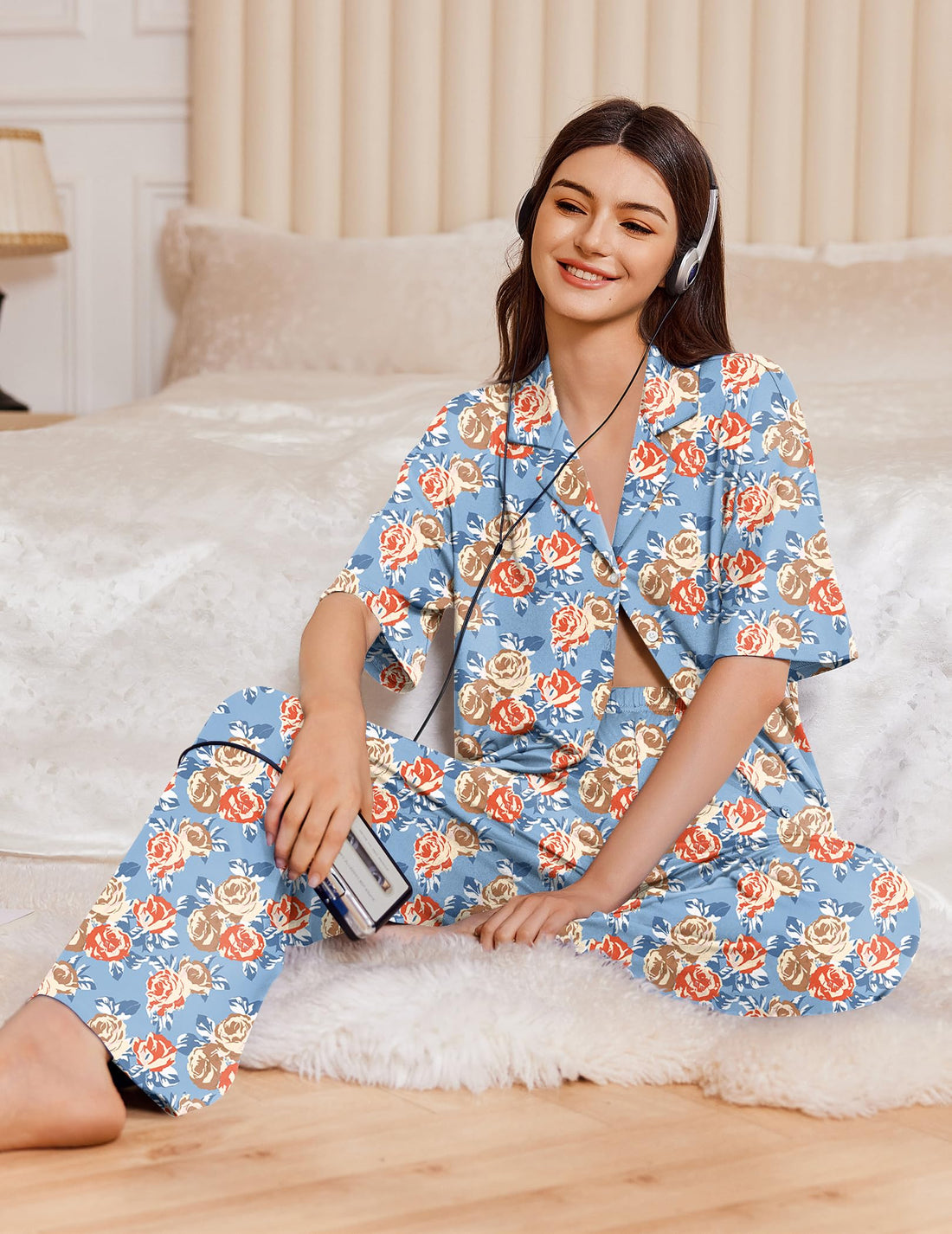 Ekouaer Women Pajamas Set Button Down Sleepwear Short Sleeve Pjs Soft Comfy Nightwear with Long Pants S-XXL