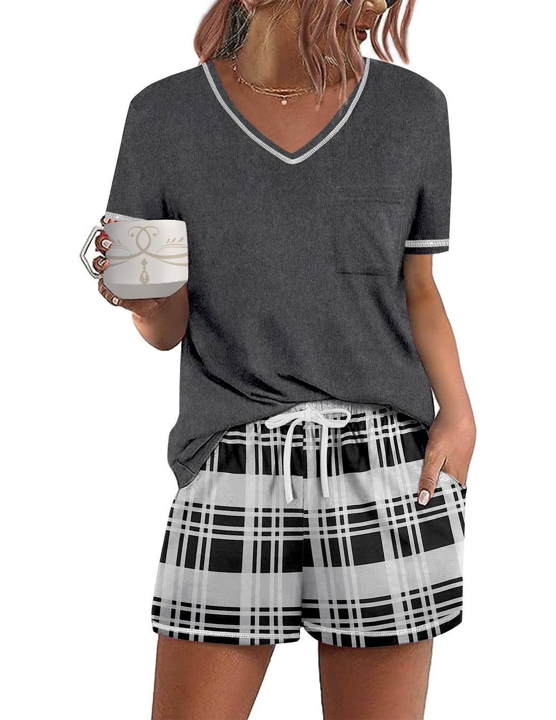 Ekouaer Women's Pajamas Sets Short Sleeve Pjs Two Piece Sleepwear Casual Lounge Sets With Pockets