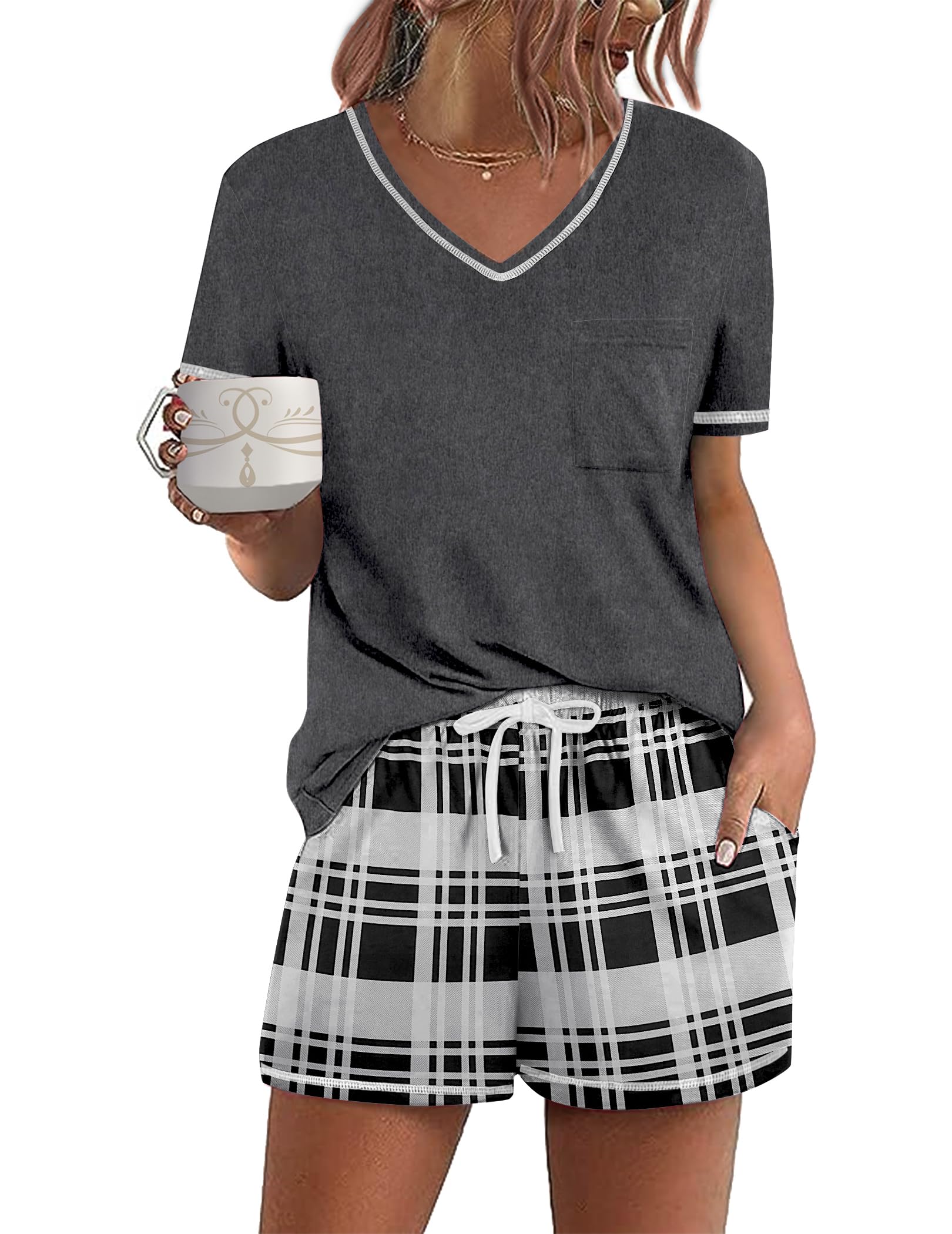 Ekouaer Women's Pajamas Sets Short Sleeve Pjs Two Piece Sleepwear Casual Lounge Sets With Pockets