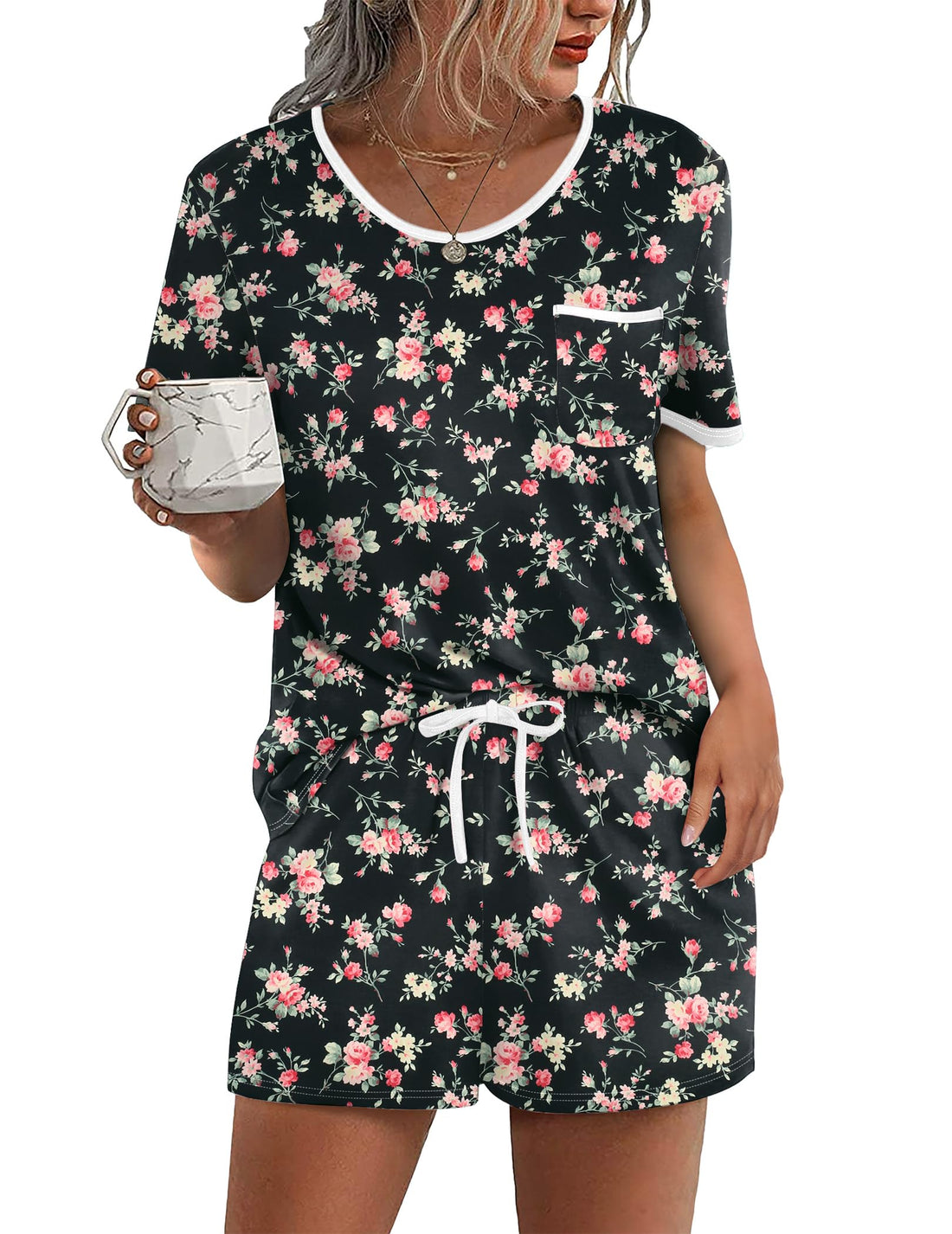 Ekouaer Pajama Set for Women 2 Piece Lounge Set Short Sleeve Tops and Shorts Soft Sleepwear, Chest Pocket