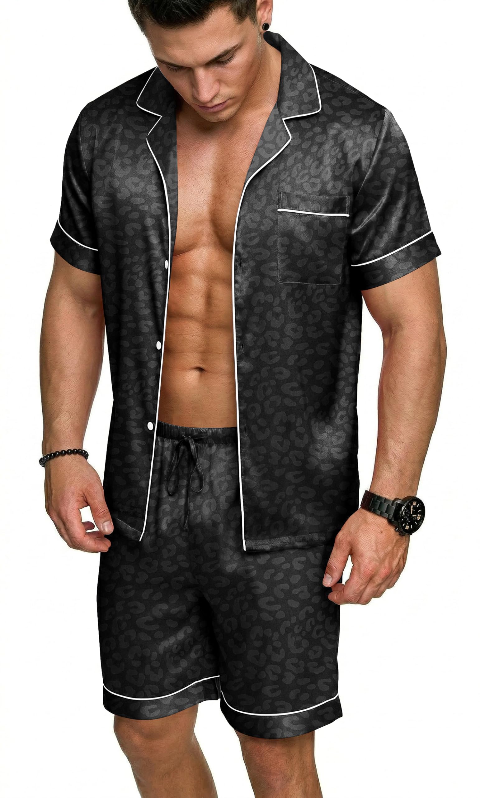 Ekouaer Mens Silk Satin Pajamas Set, Short Sleeve Sleepwear Lightweight Button Up Lounge Pjs Set with Pockets S-4XL WEBE CLOTHING