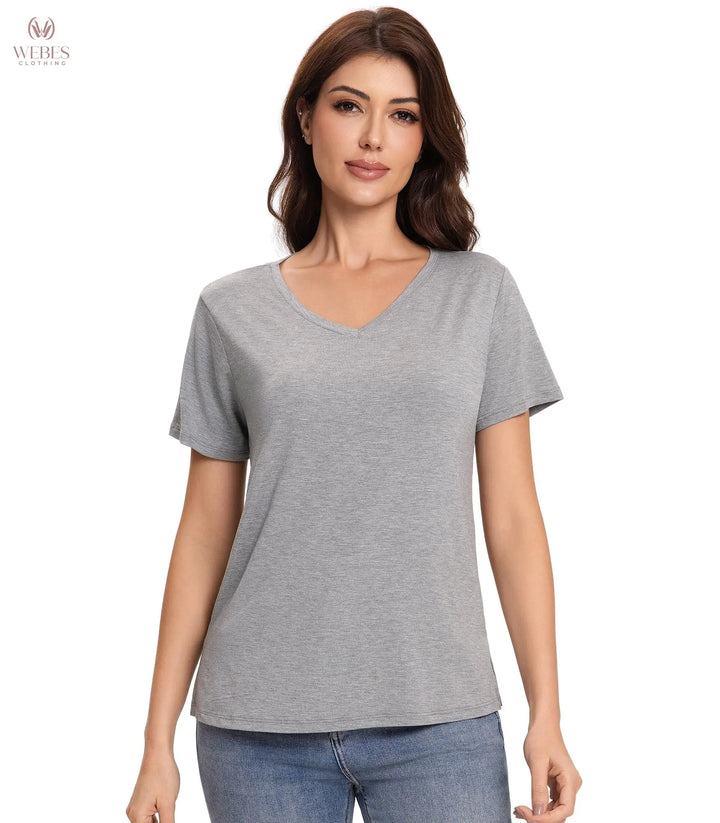 Pajama Tops for Women Viscose from Bamboo T-Shirt Short Sleeve Tee Soft V Neck Shirt Cooling Pjs Sleepwear S-XXL