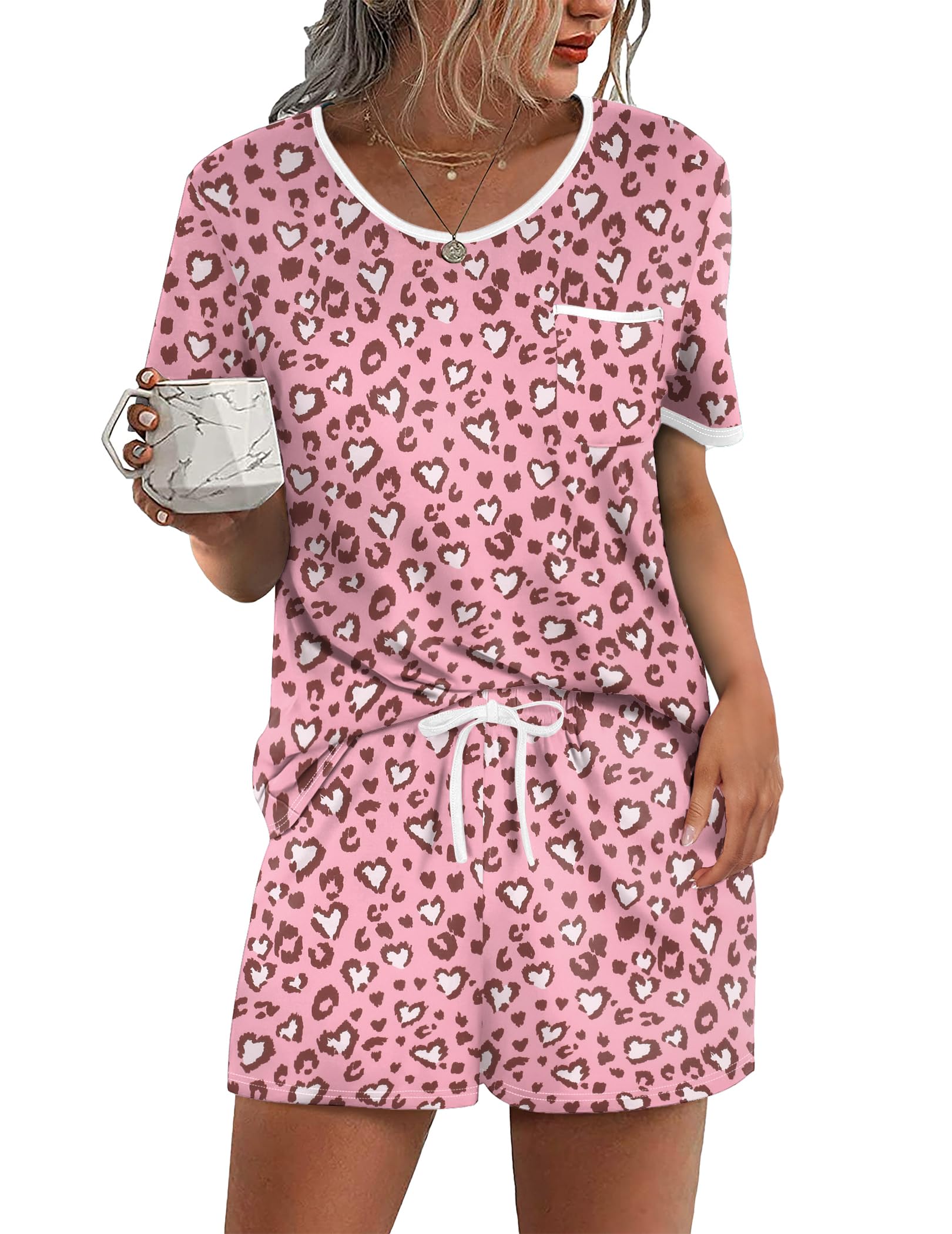 Ekouaer Pajama Set for Women 2 Piece Lounge Set Short Sleeve Tops and Shorts Soft Sleepwear, Chest Pocket