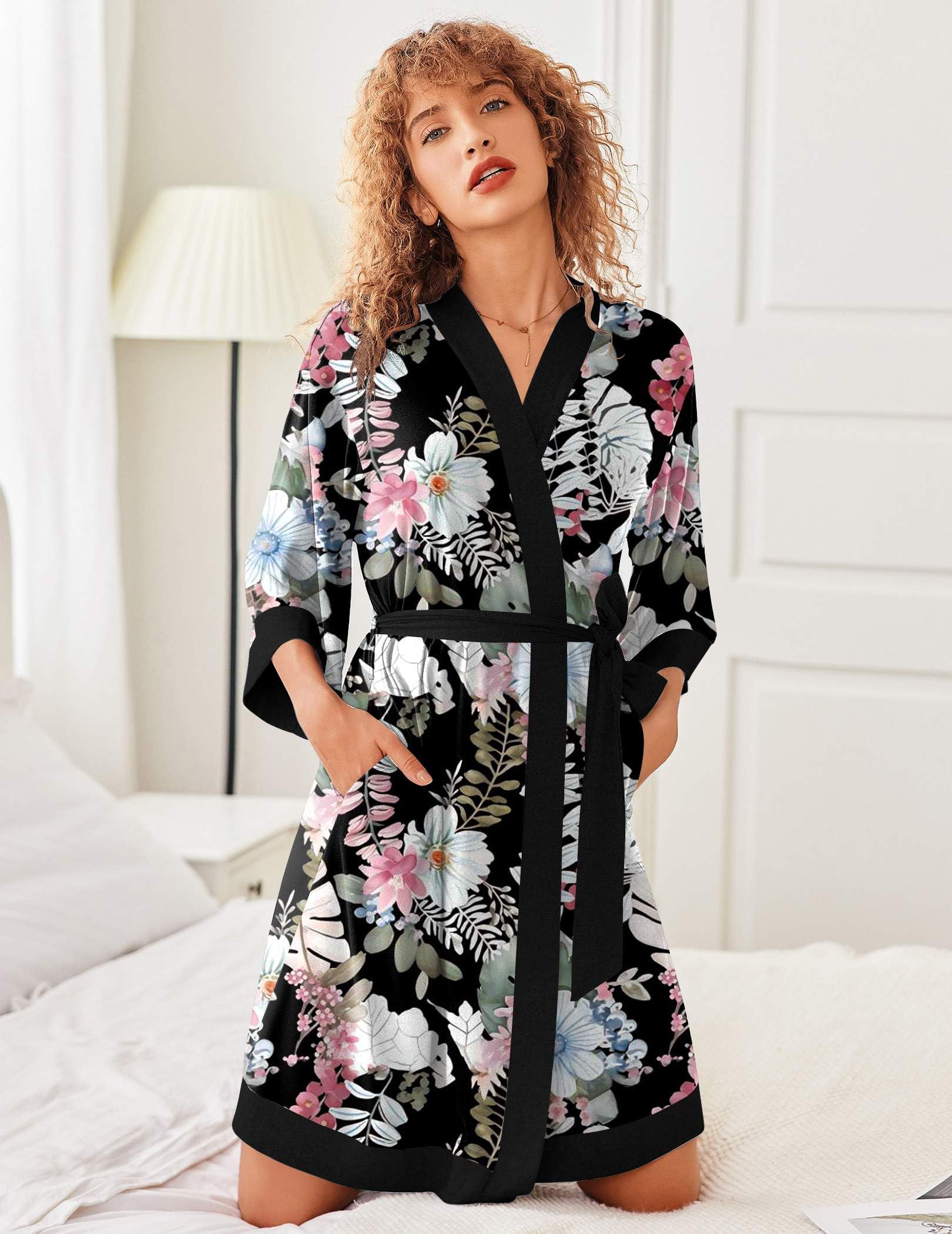 Ekouaer Robes for Women Bathrobe Lightweight Robe 3/4 Sleeve Knit Sleepwear | Summer Robe for Women with Pockets, Knee Length Womens Robe, Kimono Sleepwear WEBE CLOTHING
