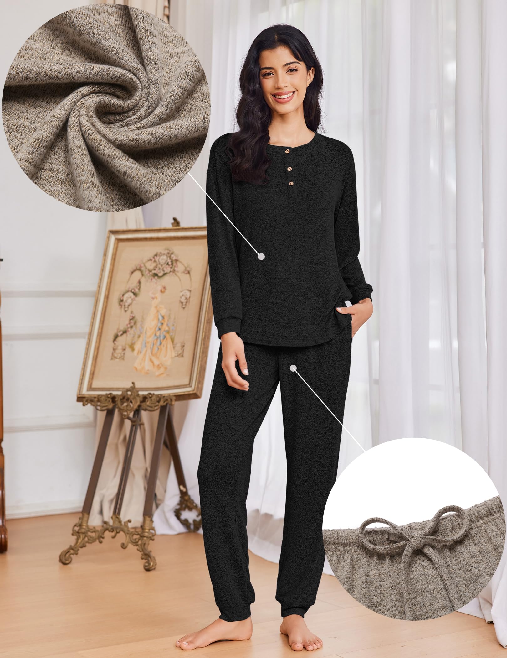 Ekouaer Womens Pajama Sets Long Sleeve Lounge Set 2 Piece Pj Sets for Women Henley Neck Casual Sleepwear Loungewear S-XXL
