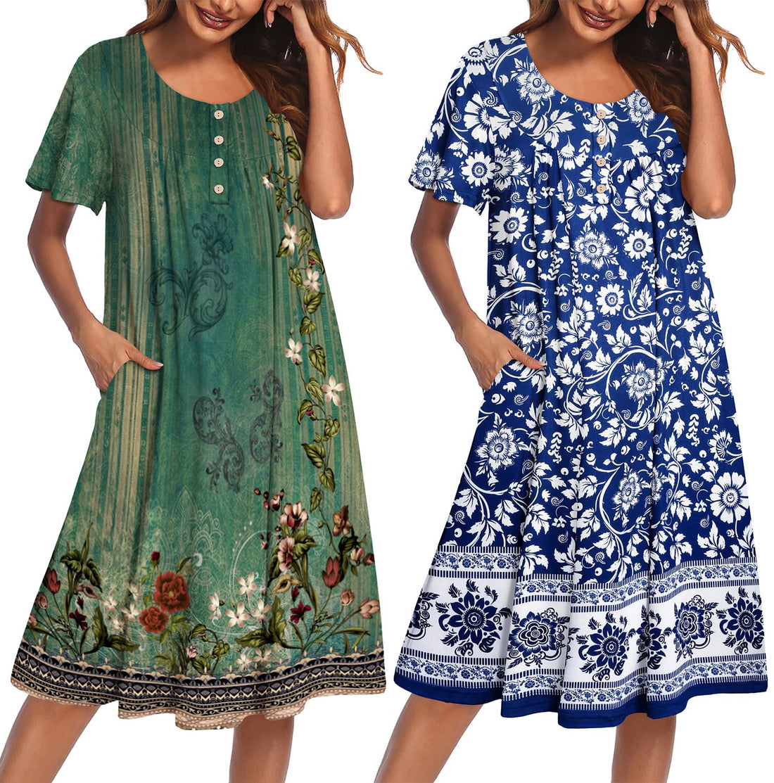 Ekouaer 2 Pack House Dresses for Women with Pockets Short Sleeve Moo Moos | Ruffle Sleeve Mumu Dress, Soft Button Front Nightgown, Two Side Pockets, Comfy Sleepwear, Perfect for Your Mom, Grandma, Gift WEBE CLOTHING