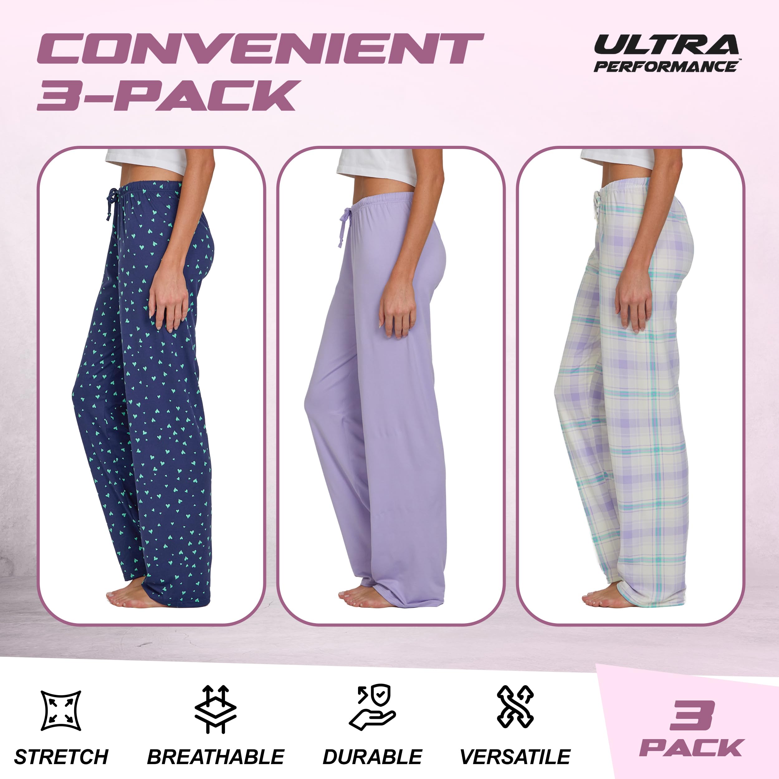 Ultra Performance Womens Pajama PJ Pants 3 Pack Lounge Bottoms Pajamas for Women (Avail in Plus Sizes)