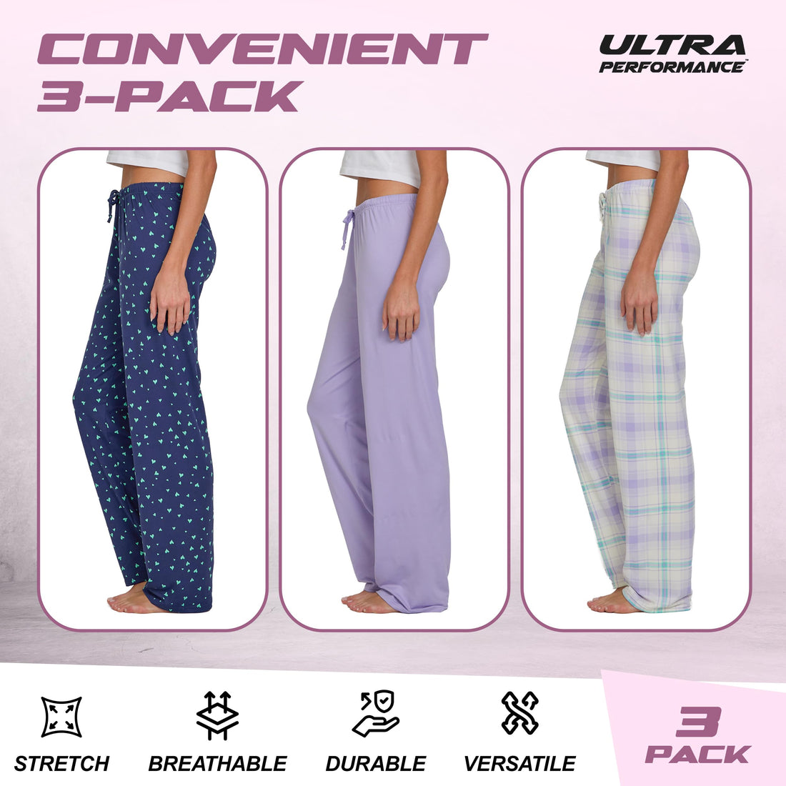 Ultra Performance Womens Pajama PJ Pants 3 Pack Lounge Bottoms Pajamas for Women (Avail in Plus Sizes)