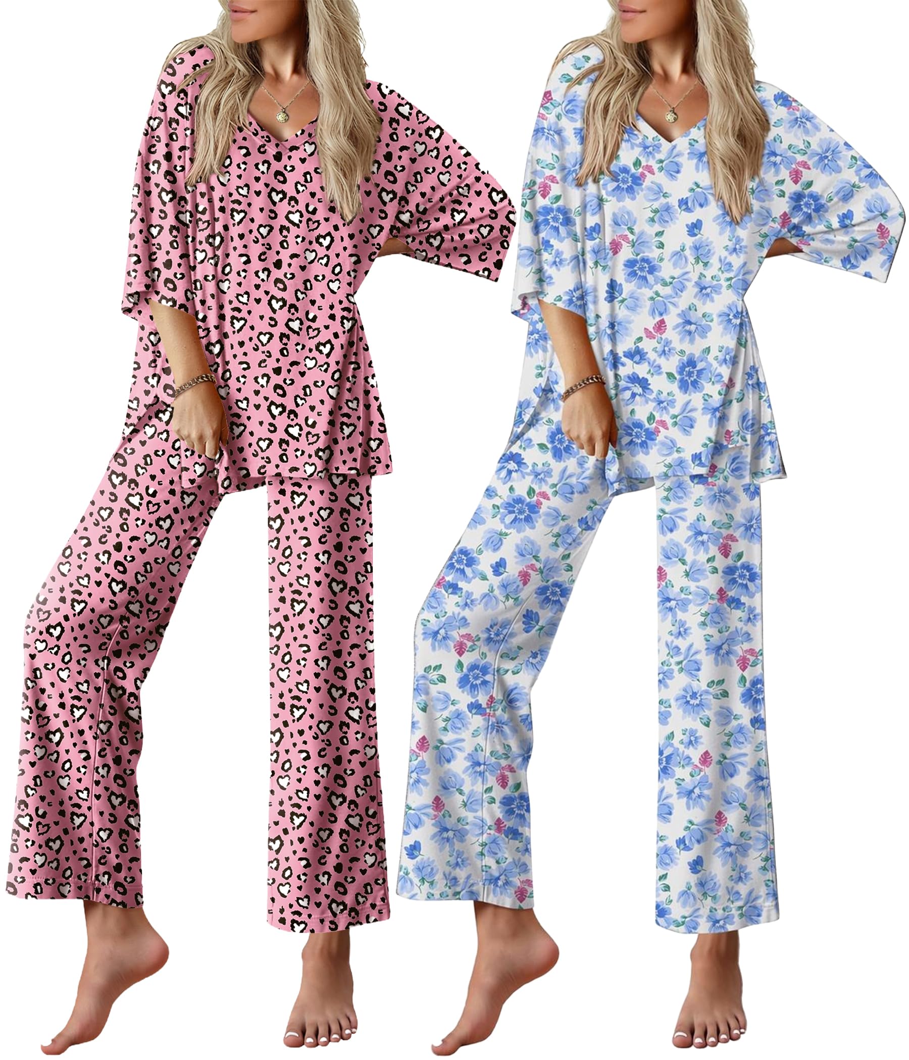 Ekouaer 2 Packs Lounge Sets for Women Short Sleeve Pajamas Set V Neck Top and Long Pants Comfy Pjs Outifts with Pockets