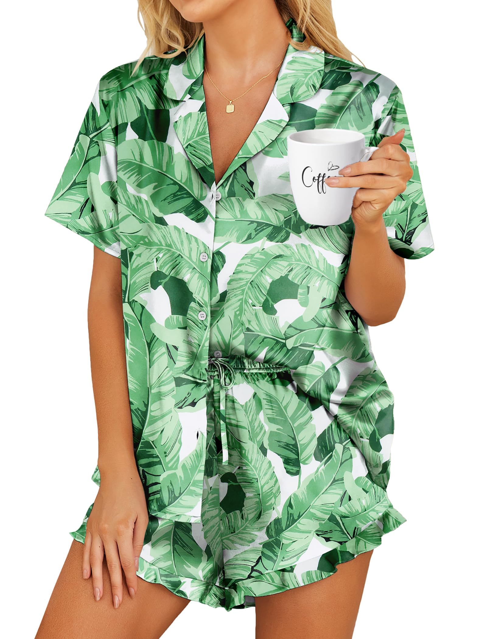 HOTOUCH Womens Satin Pajamas Set Button Down 2 Piece Silk Pjs Shorts Set Ruffle Lingerie Notch Collar Sleepwear