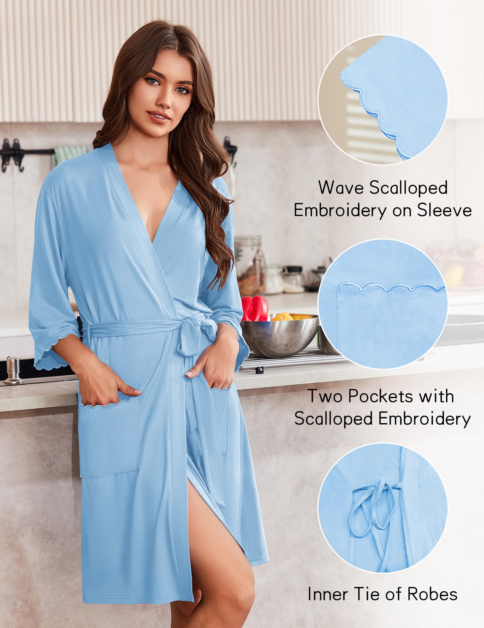 Ekouaer Robes for Women Knee Length Kimono Bathrobe Lightweight 3/4 Sleeve Sleepwear Soft Loungewear with Pockets S-XXL WEBE CLOTHING