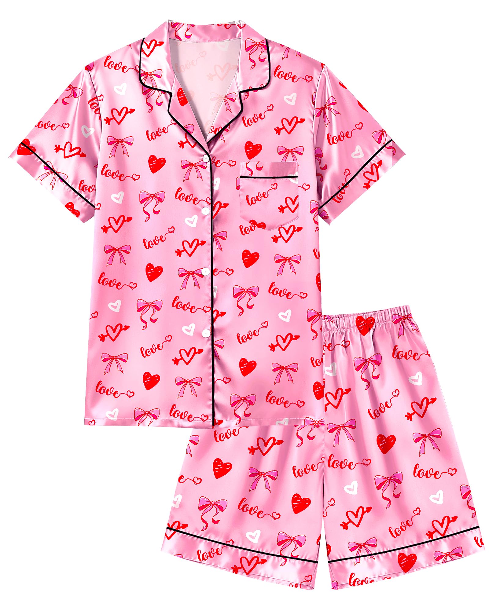 Sylfairy Girls Pajamas Silk PJS Set Pink Bow Satin Sleepwear Short Sleeve Jammies for Kids Button-Down Nightwear size 7-14