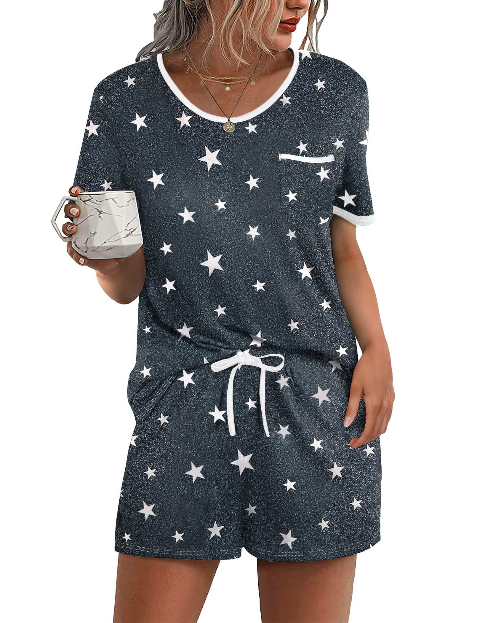 Ekouaer Pajama Set for Women 2 Piece Lounge Set Short Sleeve Tops and Shorts Soft Sleepwear, Chest Pocket WEBE CLOTHING
