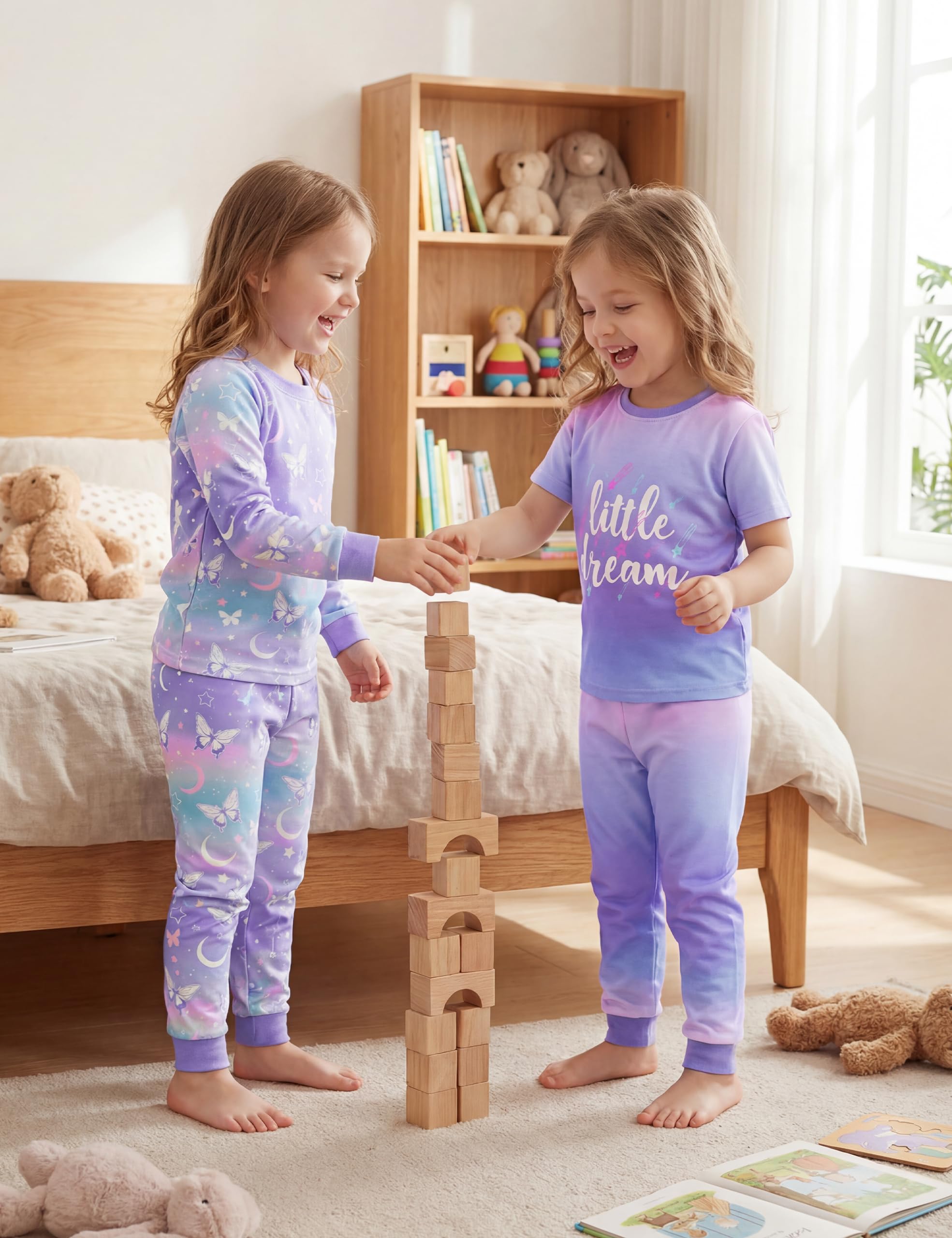 Yoofoss Toddler Pajamas 100% Organic Cotton Girls Boys Pajamas for Kids 4 Piece Snug Fit Long & Short Sleeves Pjs Set