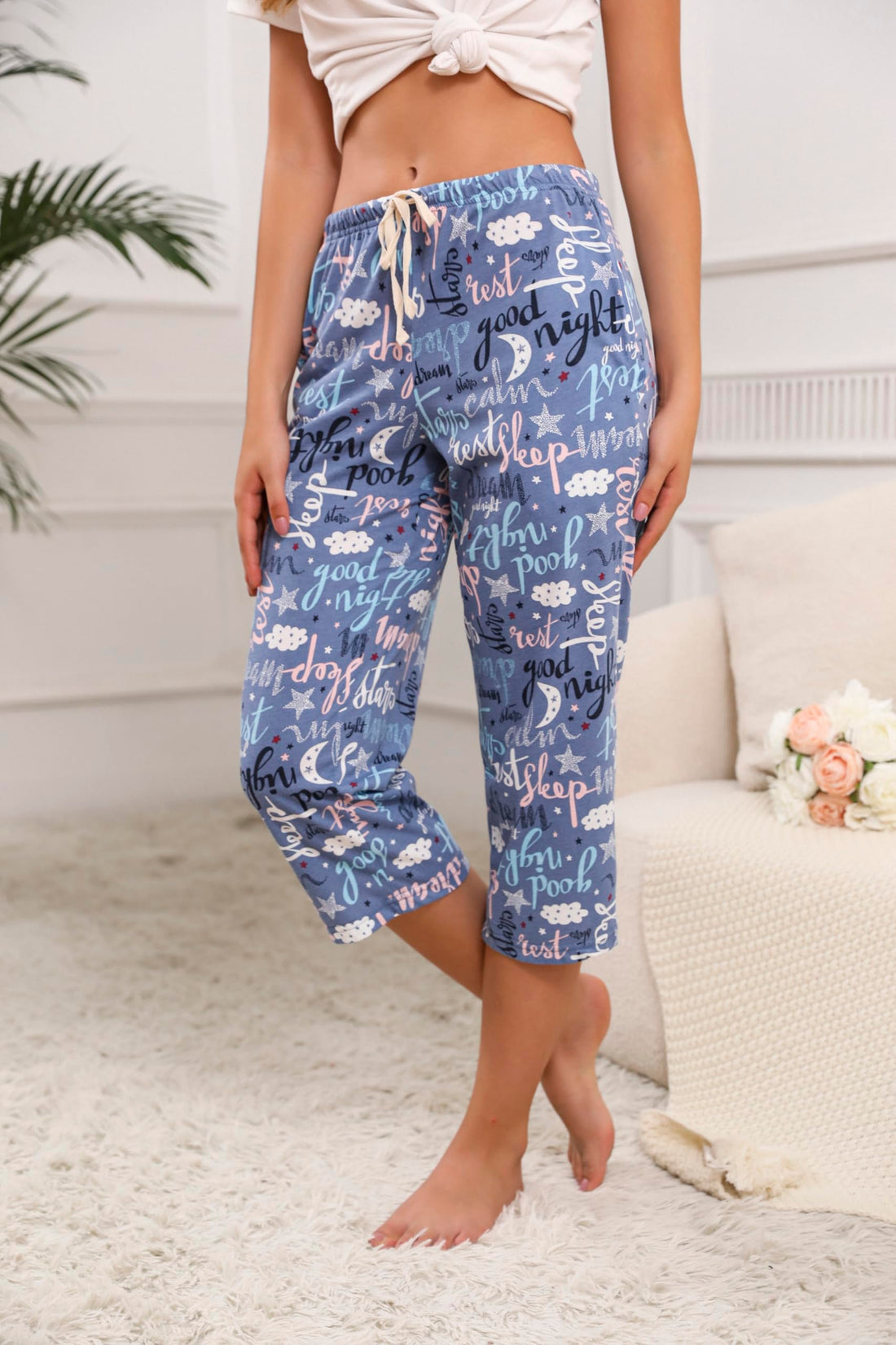 PNAEONG 3 Pack Women Pajama Pants Capri Length Drawstring Pj Bottoms Sleep Lounge Pants with Pockets S-3XL