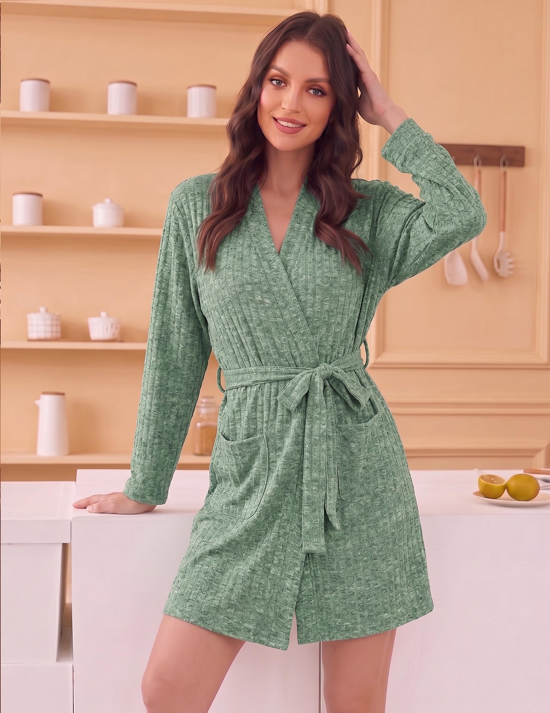 Ekouaer Women Robe Short Lightweight Bathrobe Ribbed Knit Soft Robes Long Sleeve Ladies Sleepwear with Pockets