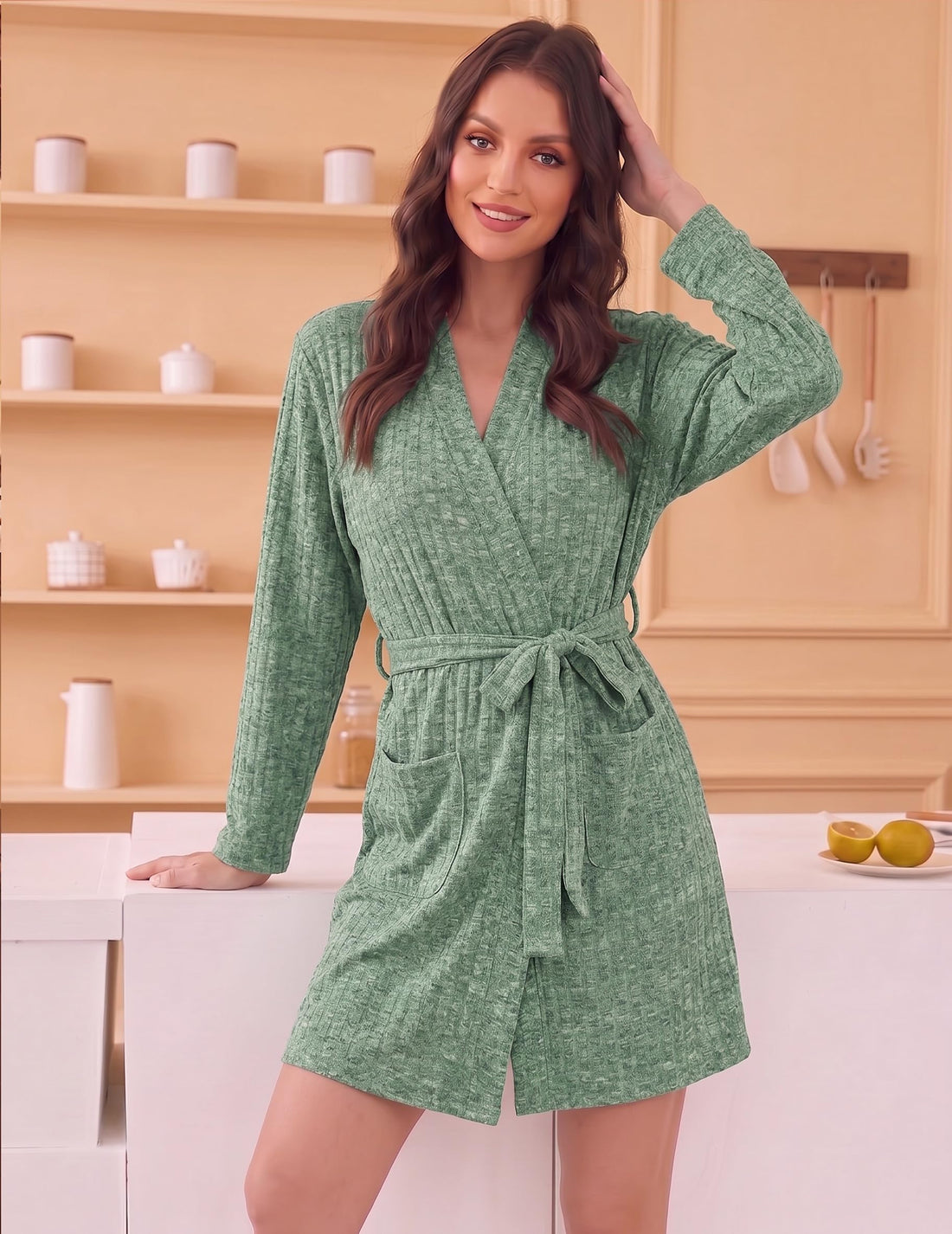 Ekouaer Women Robe Short Lightweight Bathrobe Ribbed Knit Soft Robes Long Sleeve Ladies Sleepwear with Pockets