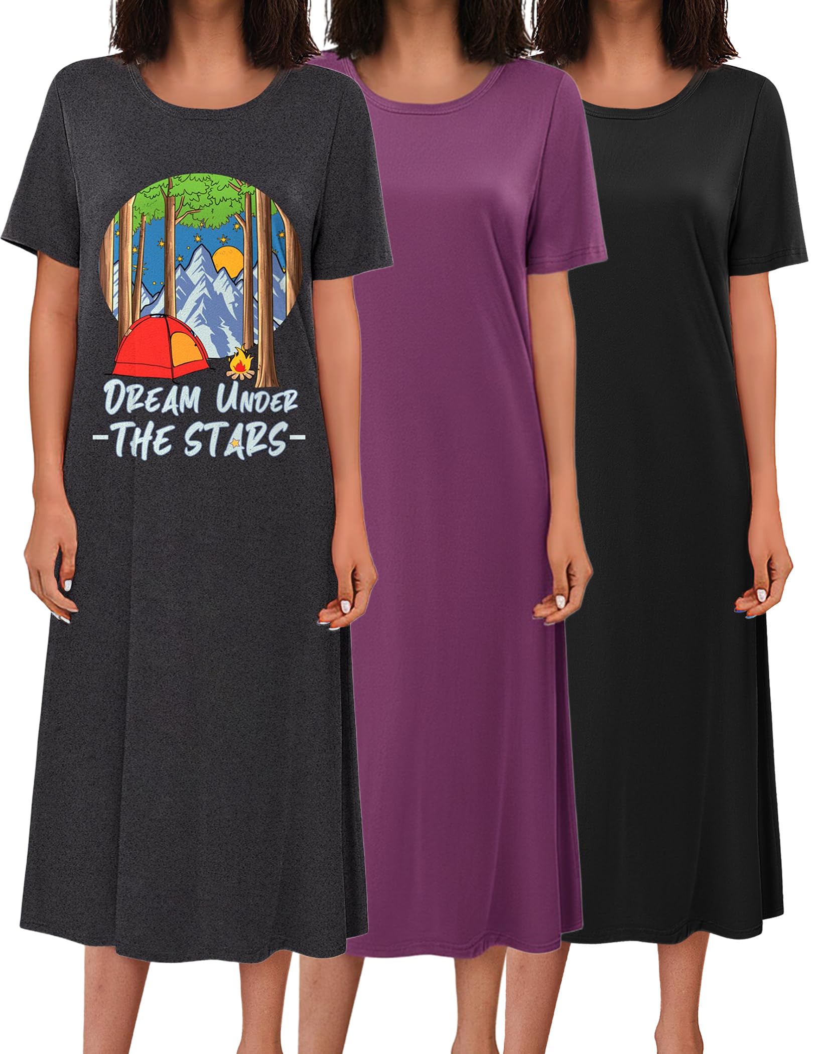 Ekouaer 3 Pack Long Nightgowns for Women Full Length Short Sleeve Nightshirt Soft Plus Size Sleepwear Casual Loungwear WEBE CLOTHING