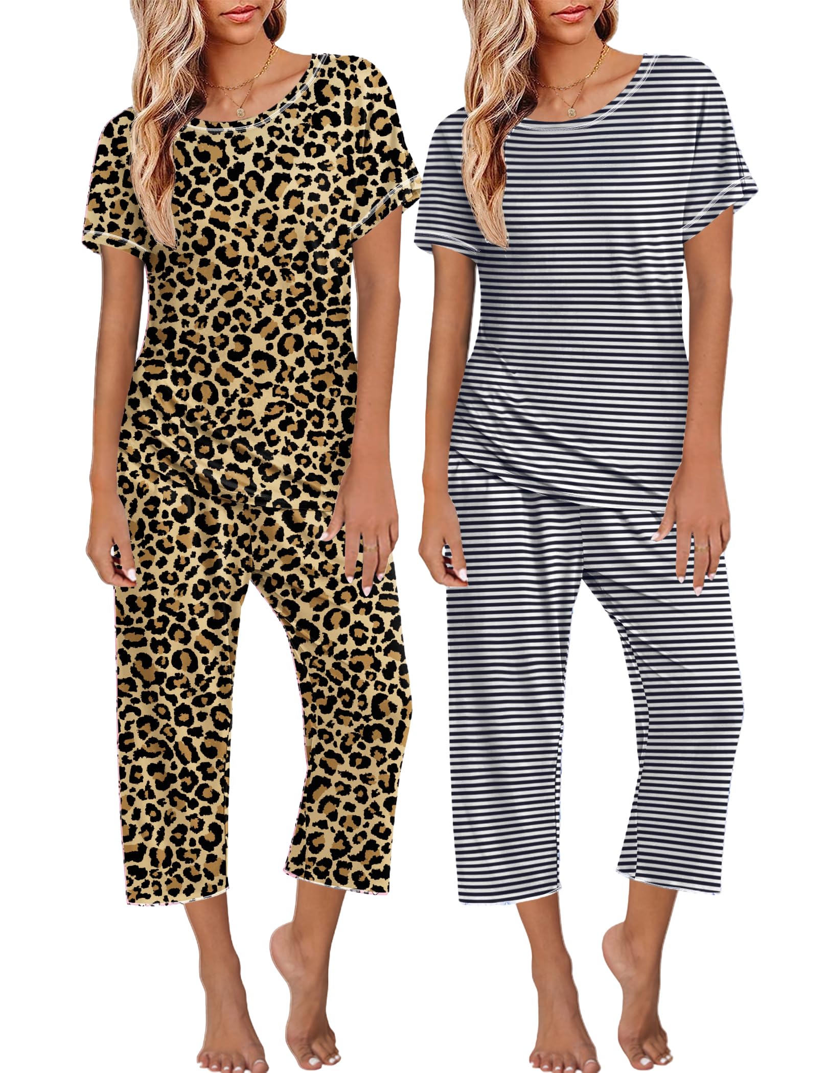 Ekouaer 2 Pack Womens Pajamas Sets Short Sleeve Tops and Capri Pants Pjs Colorful Printed Sleepwear Sets