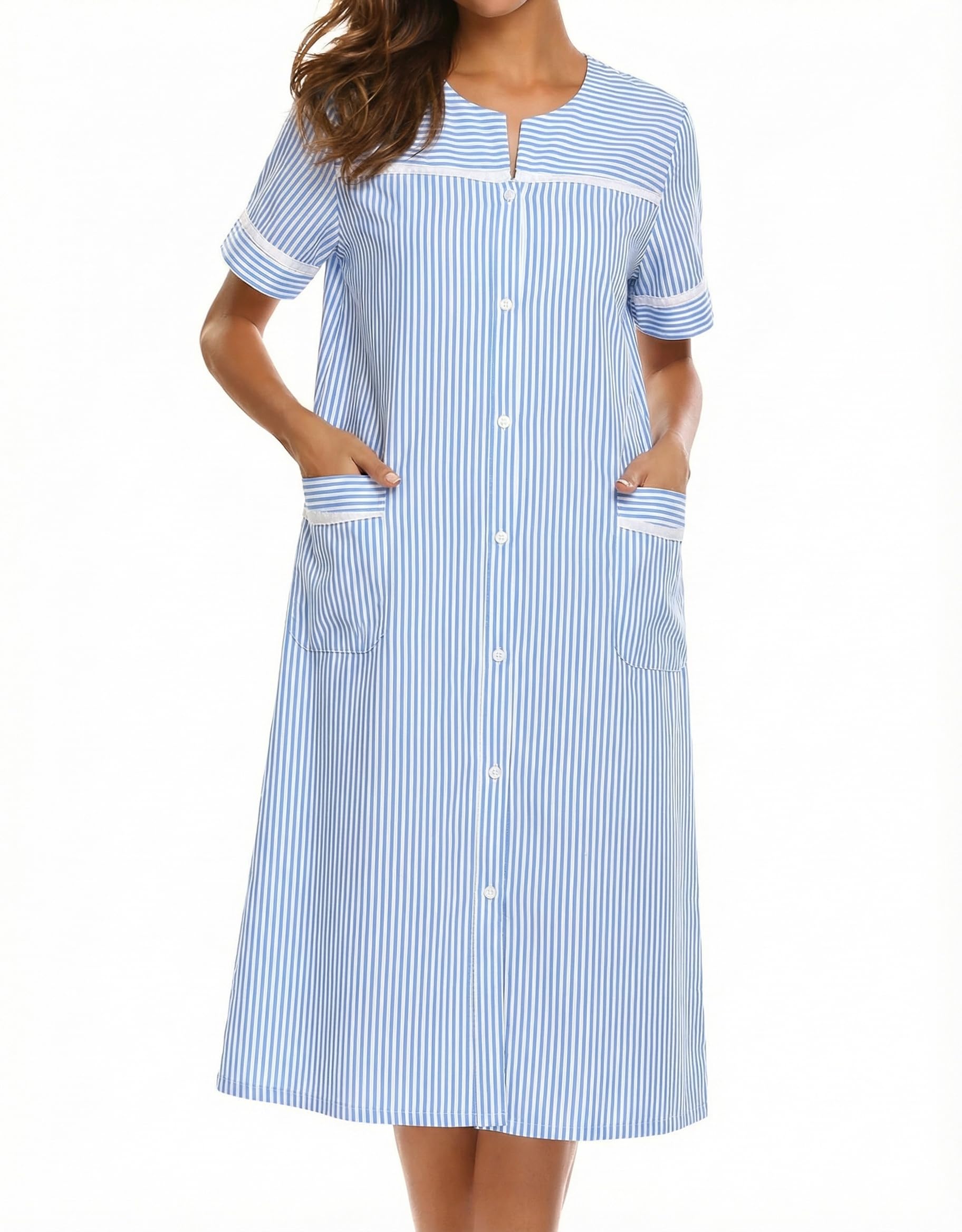 Ekouaer House Dress for Women with Pockets Duster Button Down Nightgown | Nightgowns for Women, Button Dwon House Dress with Pockets, Short Sleeve Duster Housecoat, Moo Moos for Elderly, Mumu Dress WEBE CLOTHING
