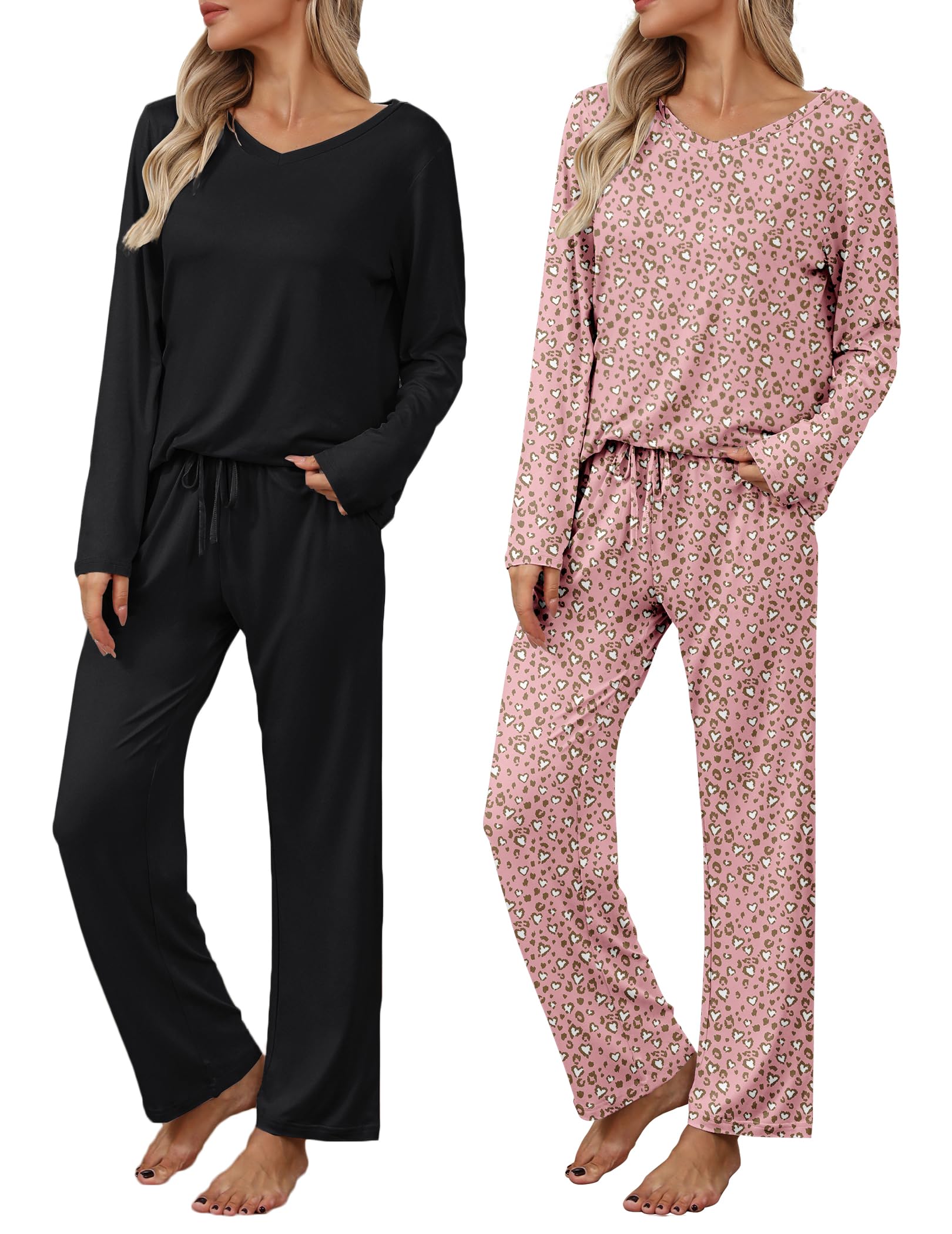 Ekouaer Womens 2 Pack Pajama Set Long Sleeve Pajamas Top and Pants V Neck Pjs Set Soft Loungewear with Pockets