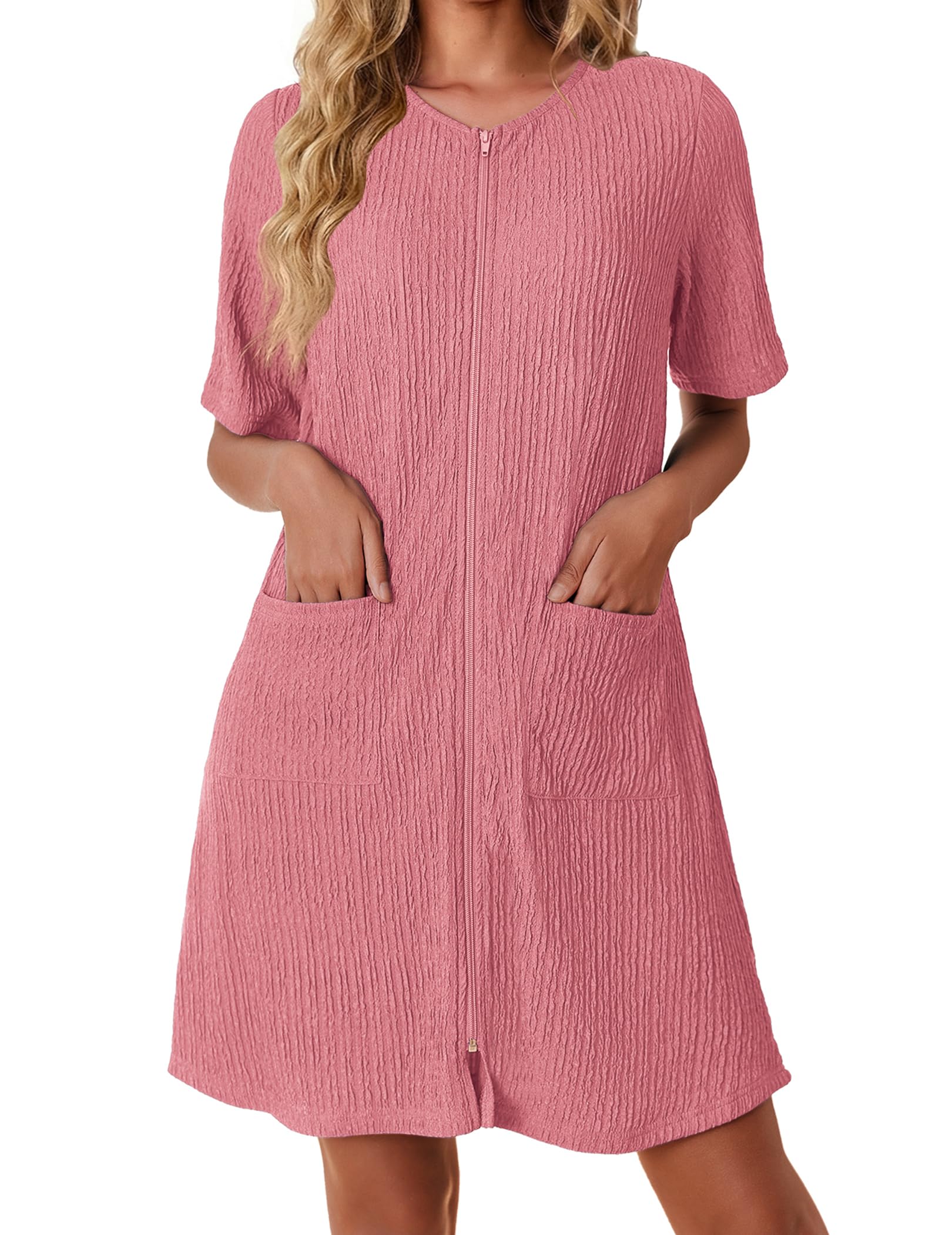 Ekouaer Women Zipper Robes Knit Short Bathrobe Lightweight House Coat with Pockets Soft Nightgown S-XXL WEBE CLOTHING