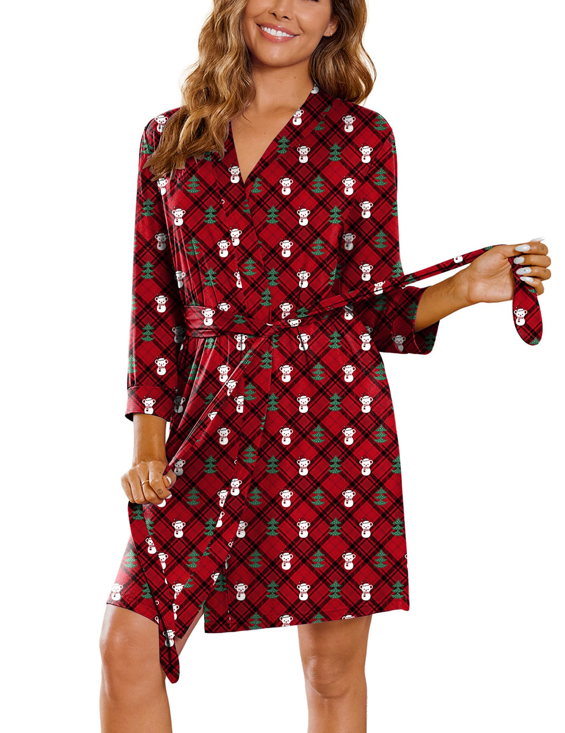 Ekouaer Women‘s Robes Lightweight 3/4 Sleeve Short Knit Bathrobe Soft Knee Length Sleepwear Robes with Pockets S-XXL
