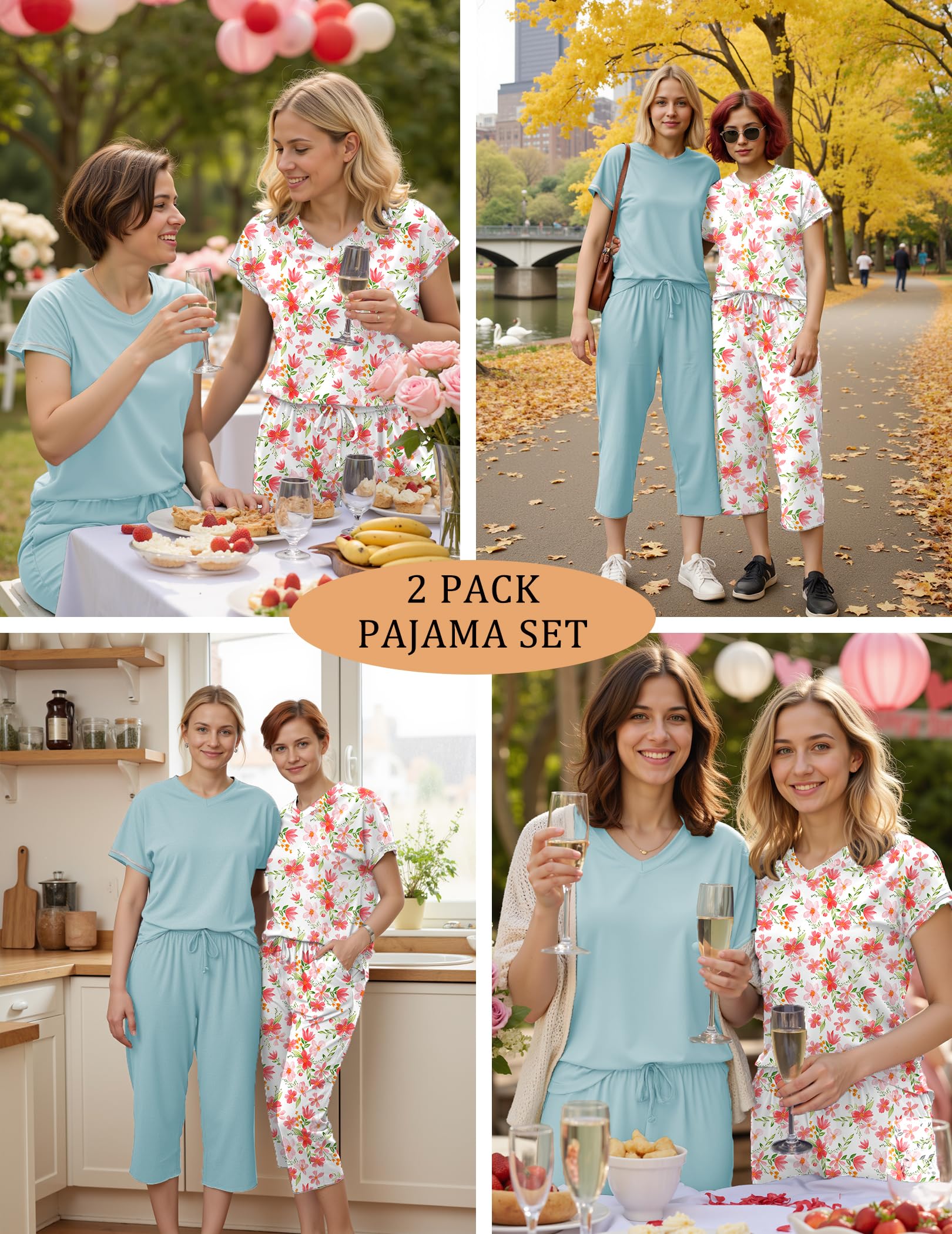 Marvmys Womens 2 Pack Pajama Sets Short Sleeve Sleepwear Capri Pants Pjs | Pockets, Lightweight, Cooling Pyjamas, Nightwear Comfy for Daily Wear, Pajams sets, Sleep, Travel, Wife, Mom WEBE CLOTHING