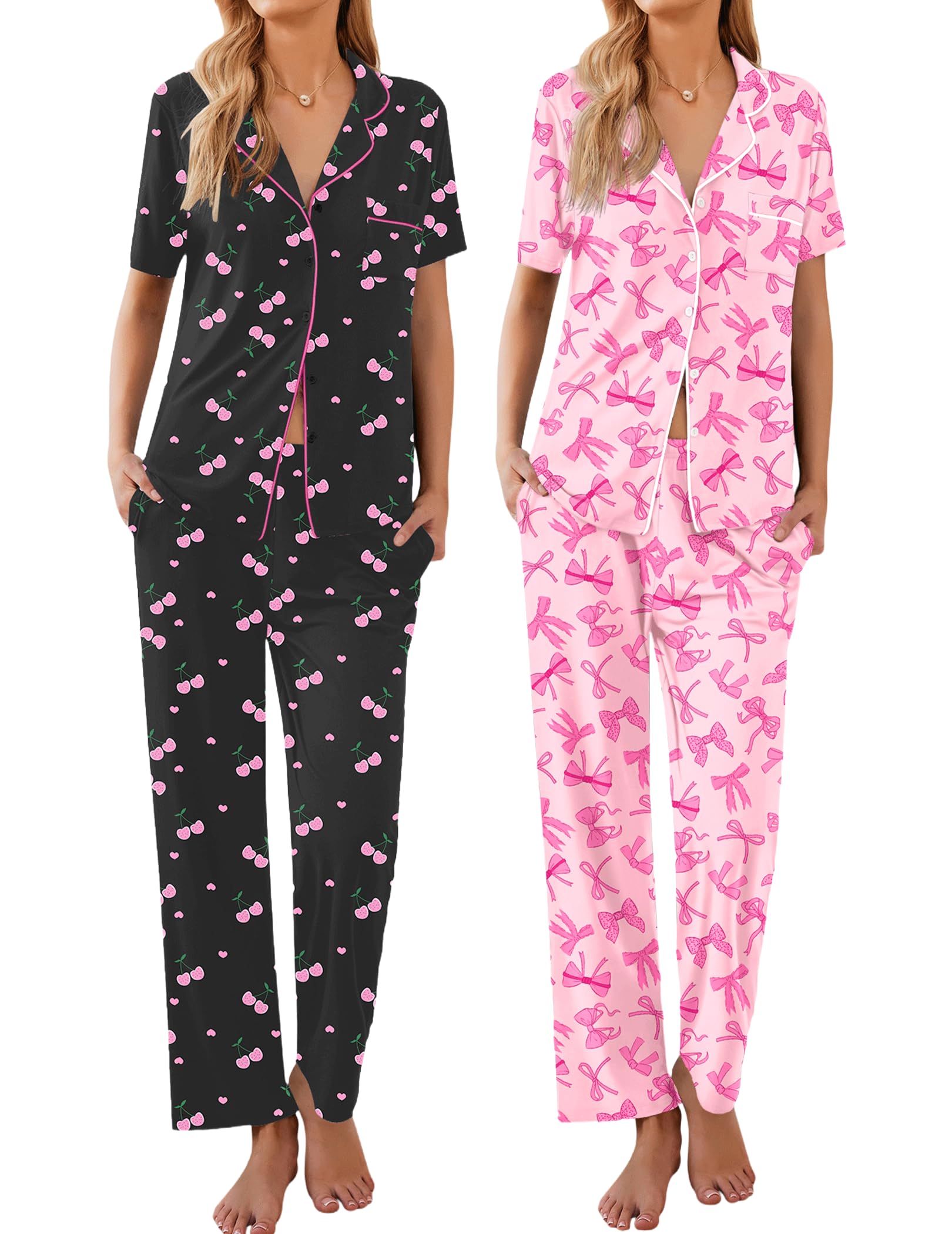 Ekouaer 2 Pack：Womens Pajamas Short Sleeve Pjs Notch Collar Button Up Loungewear Cozy Sleepwear Sets WEBE CLOTHING