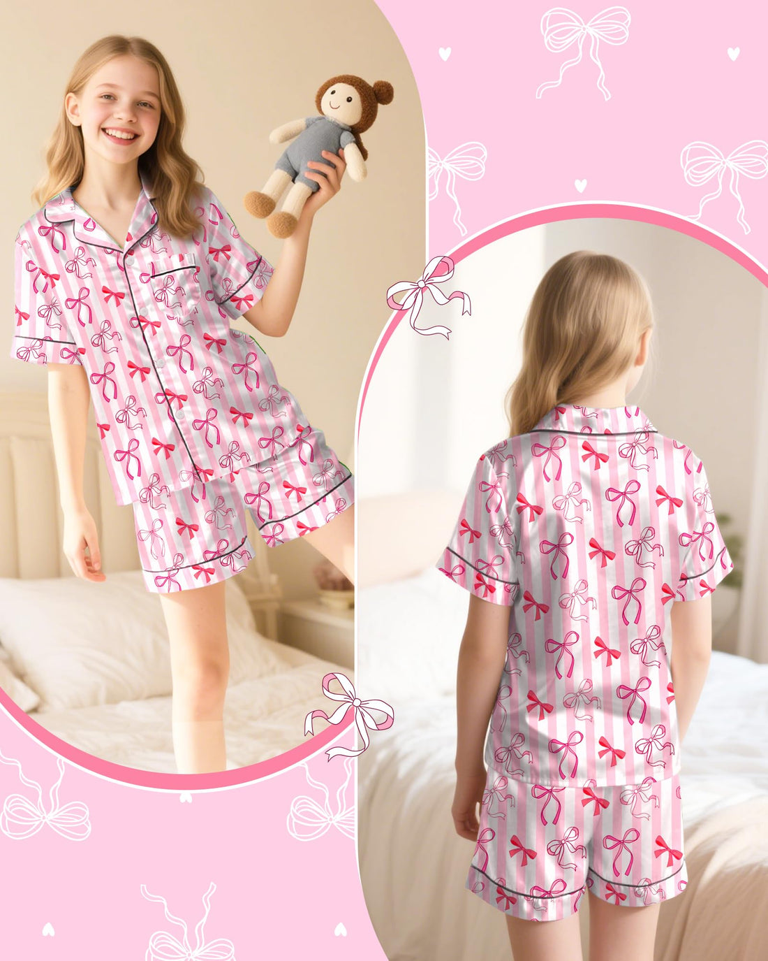 Sylfairy Girls Pajamas Silk PJS Set Pink Bow Satin Sleepwear Short Sleeve Jammies for Kids Button-Down Nightwear size 7-14
