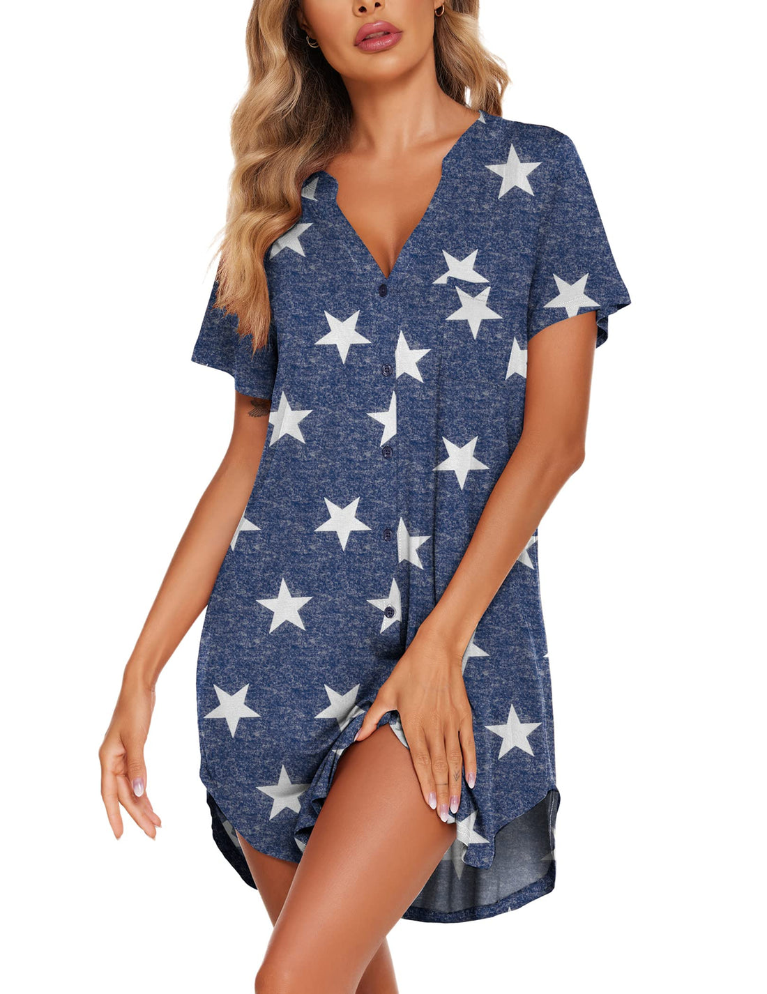 Ekouaer Women V Neck Button Down Nightgown