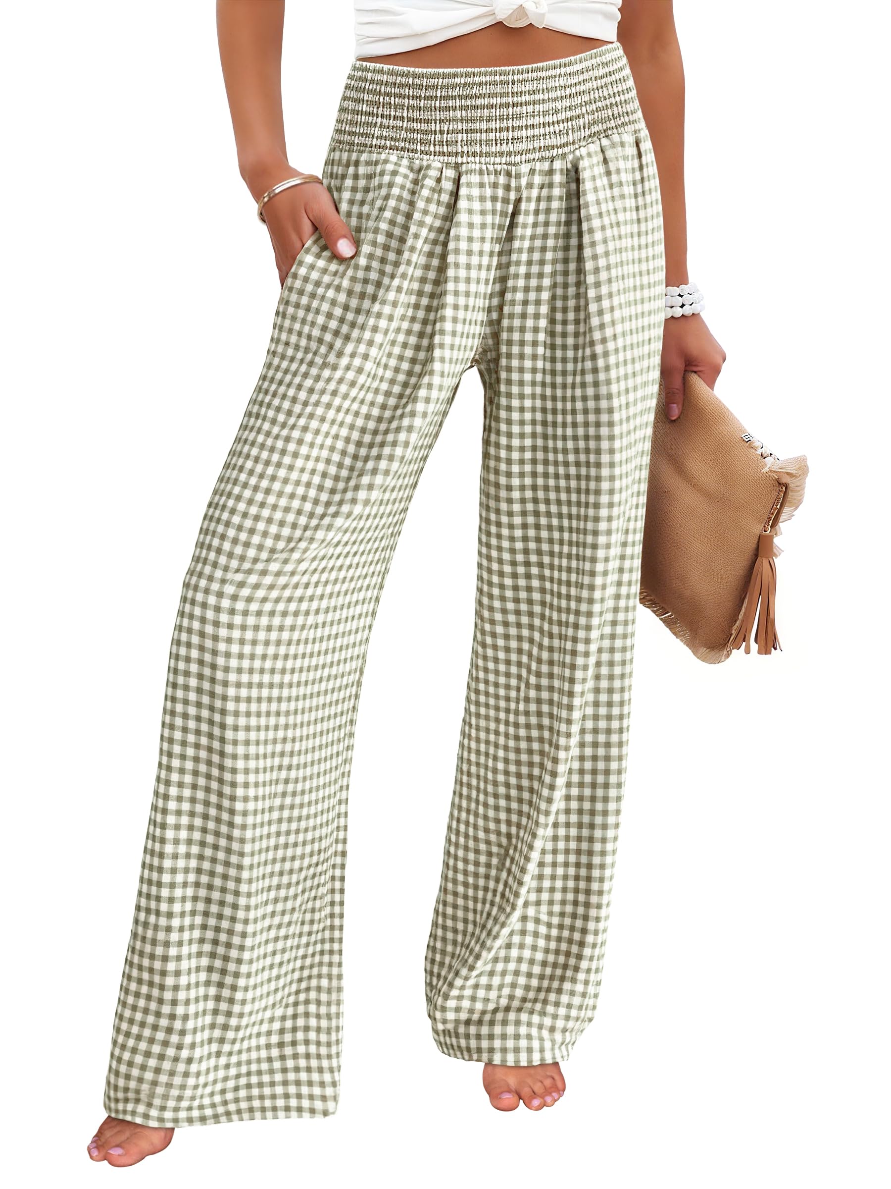 ANRABESS Womens Striped Gingham Palazzo Pants | Wide Leg Smocked High Waisted Pajama Pants, Lounge & Casual, Summer Fall Cute Pants with Pockets