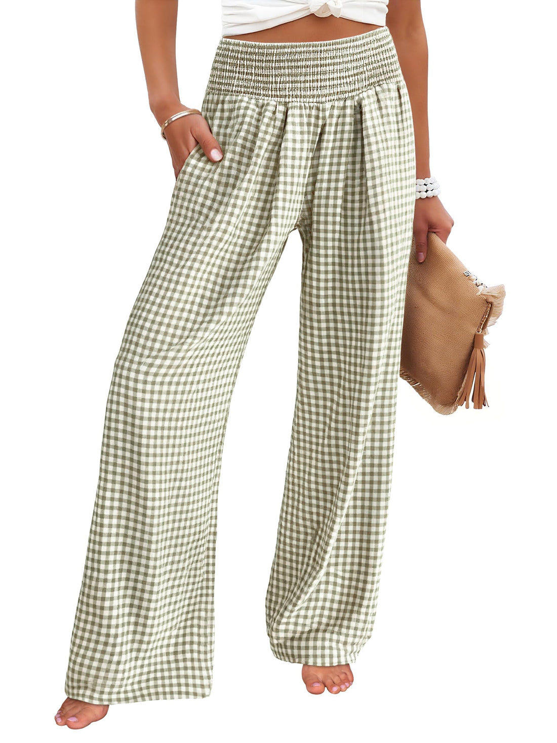 ANRABESS Womens Striped Gingham Palazzo Pants | Wide Leg Smocked High Waisted Pajama Pants, Lounge & Casual, Summer Fall Cute Pants with Pockets