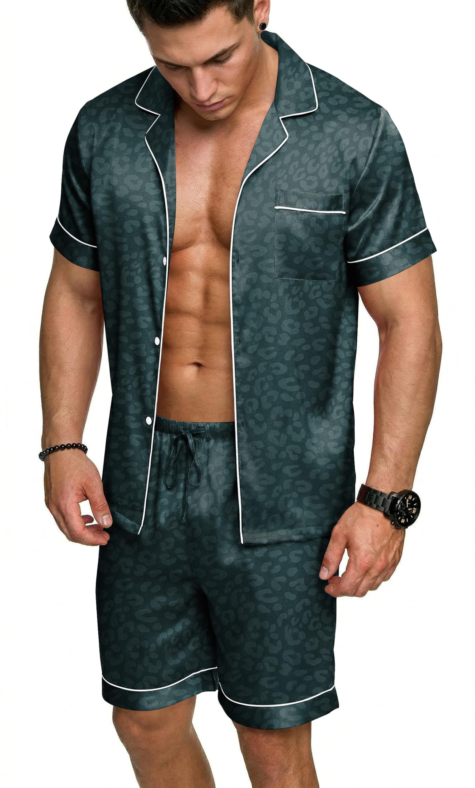 Ekouaer Mens Silk Satin Pajamas Set, Short Sleeve Sleepwear Lightweight Button Up Lounge Pjs Set with Pockets S-4XL WEBE CLOTHING