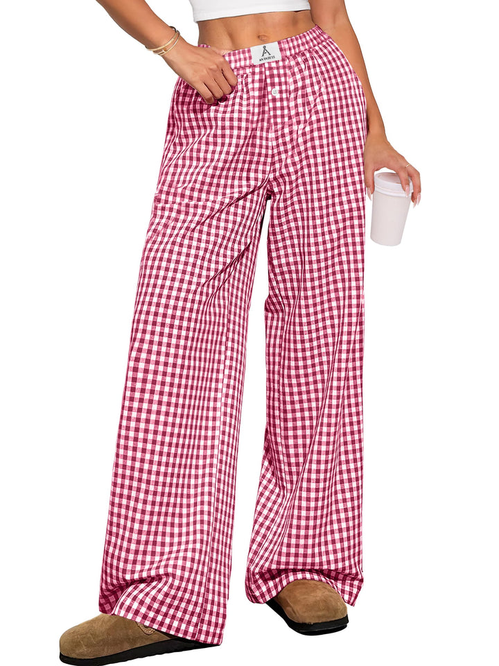 ANRABESS Womens Gingham Striped Boxer Pants | Wide Leg Elastic Waist with Pockets, Lounge Pajama Bottoms Home Daily Wear, Lightweight Breathable, Casual Summer Fall