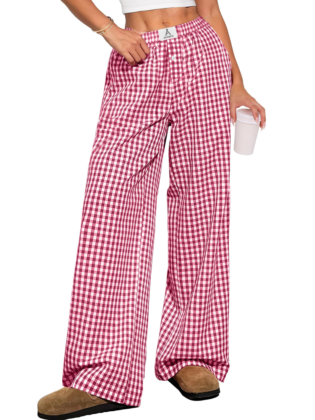 ANRABESS Womens Gingham Striped Boxer Pants | Wide Leg Elastic Waist with Pockets, Lounge Pajama Bottoms Home Daily Wear, Lightweight Breathable, Casual Summer Fall