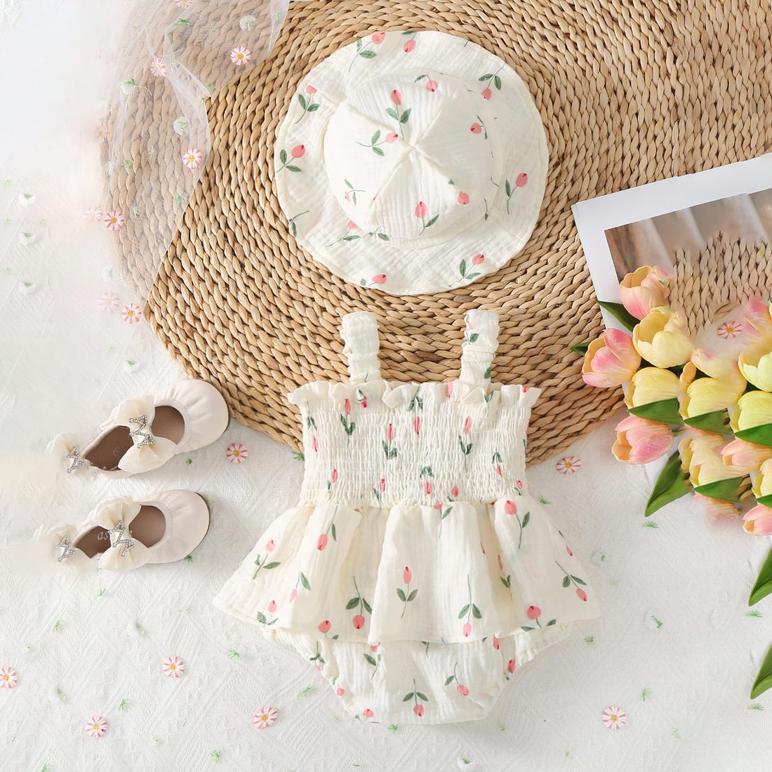 Mubineo Baby Girl Clothes Summer Dress Cotton Linen Romper Sleeveless Smocked Rompers Sun Dress Hat Skirt Boho Outfits WEBE CLOTHING