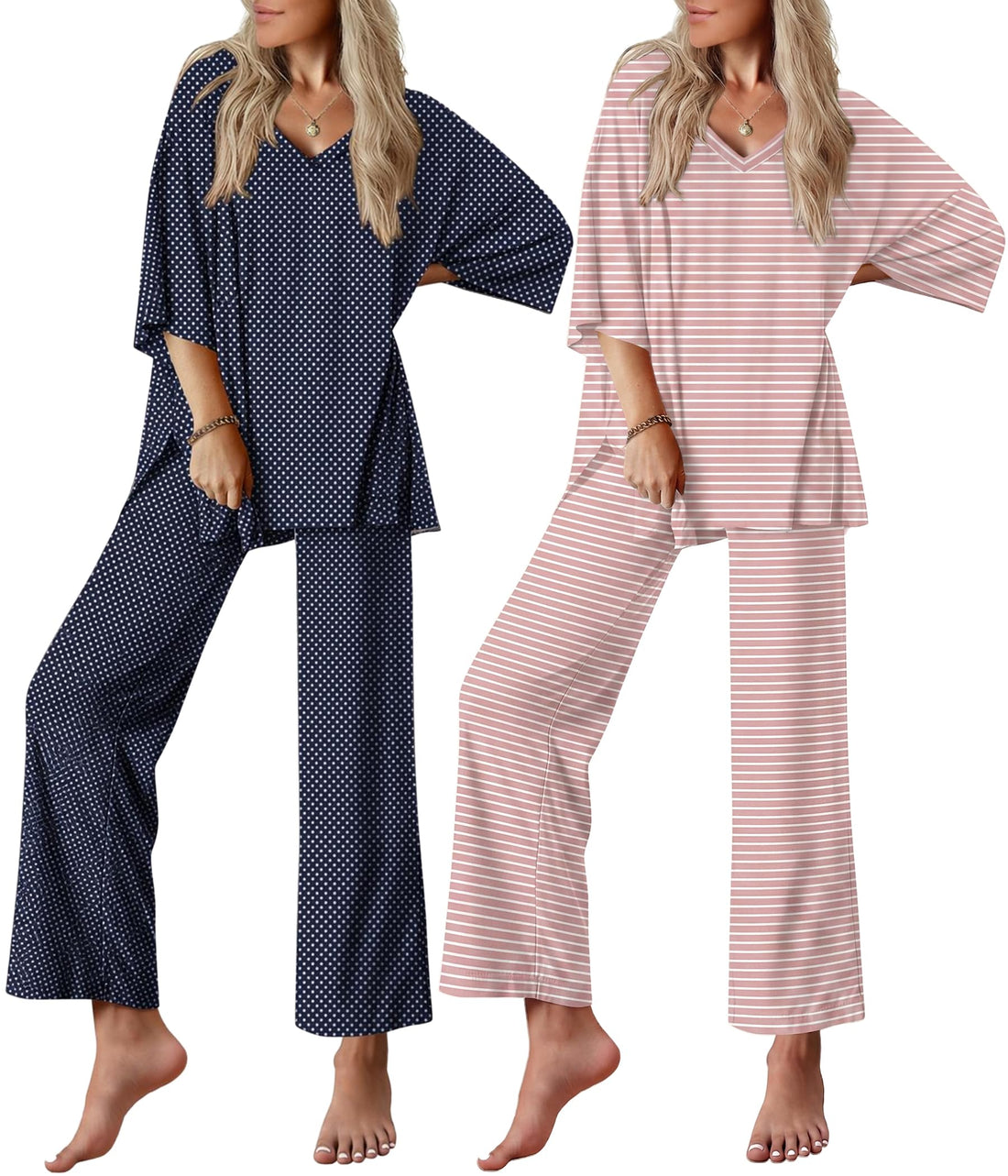 Ekouaer 2 Packs Lounge Sets for Women Short Sleeve Pajamas Set V Neck Top and Long Pants Comfy Pjs Outifts with Pockets