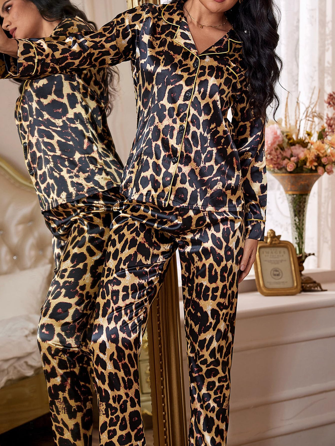 WDIRARA Women's 2 Piece Leopard Print Satin Pajama Set Lounge Sleepwear Set | Animal Print,Leopard Print Satin,Long Sleeve,Button Down,Cheetah Silk Loungewear Pj WEBE CLOTHING