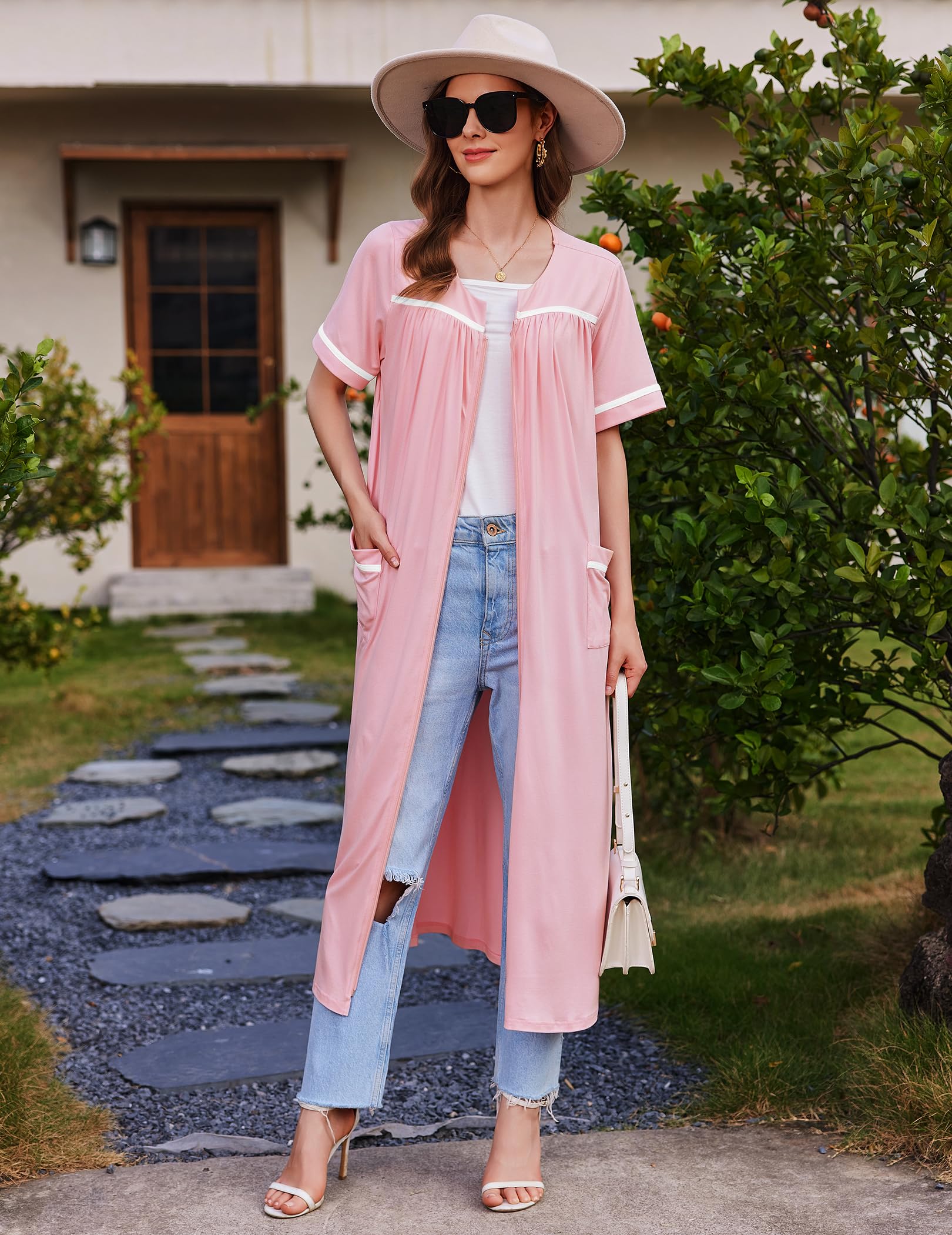 Ekouaer Zipper Robes for Women Short Sleeve Bathrobe Soft Lightweight Housecoat Full Length Nightgown with Pockets S-3XL WEBE CLOTHING