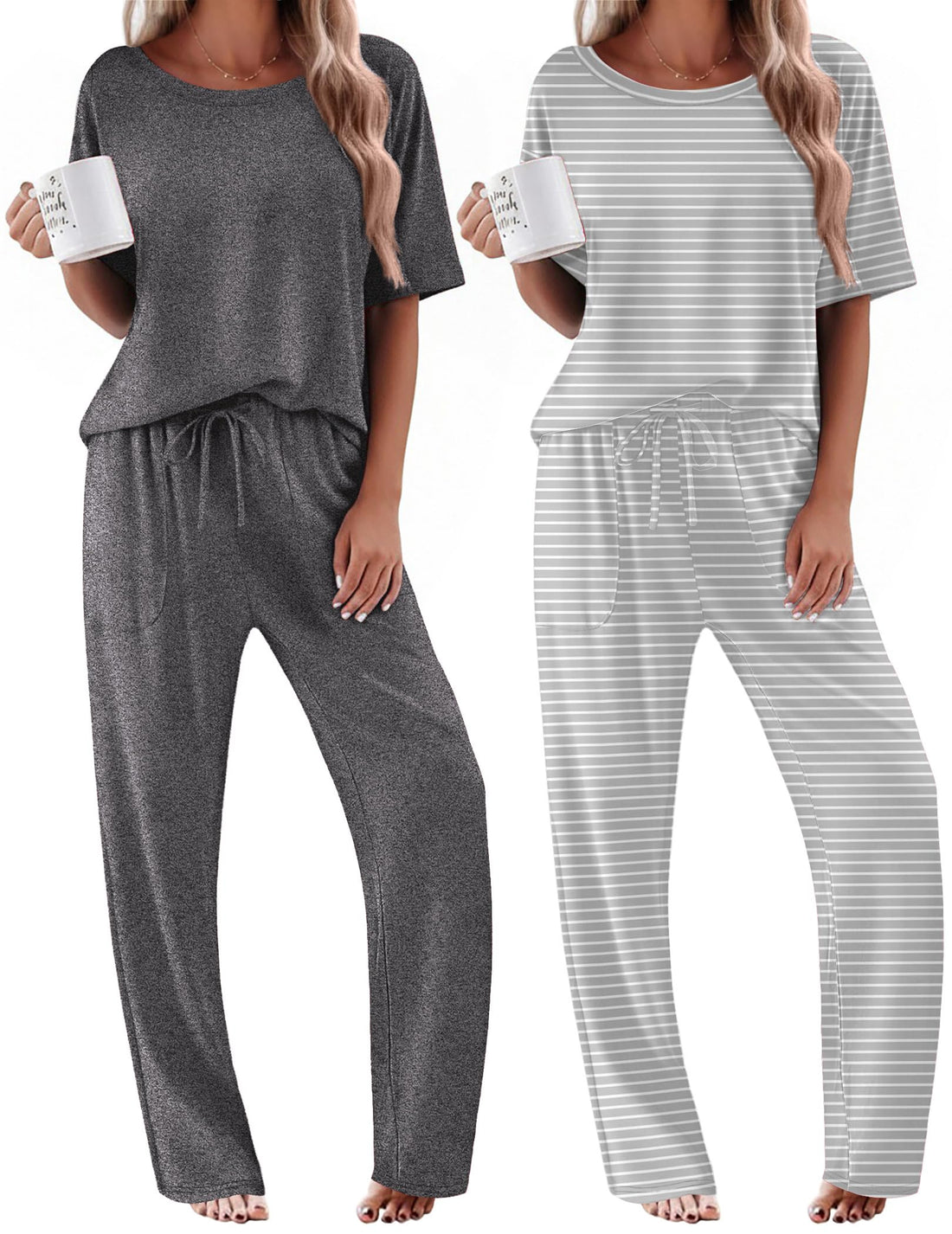Ekouaer 2 Pack Womens Pajama Sets Short Sleeve Tops and Long Pants Casual Comfy Pjs Lounge Set with Pockets,S-XXL