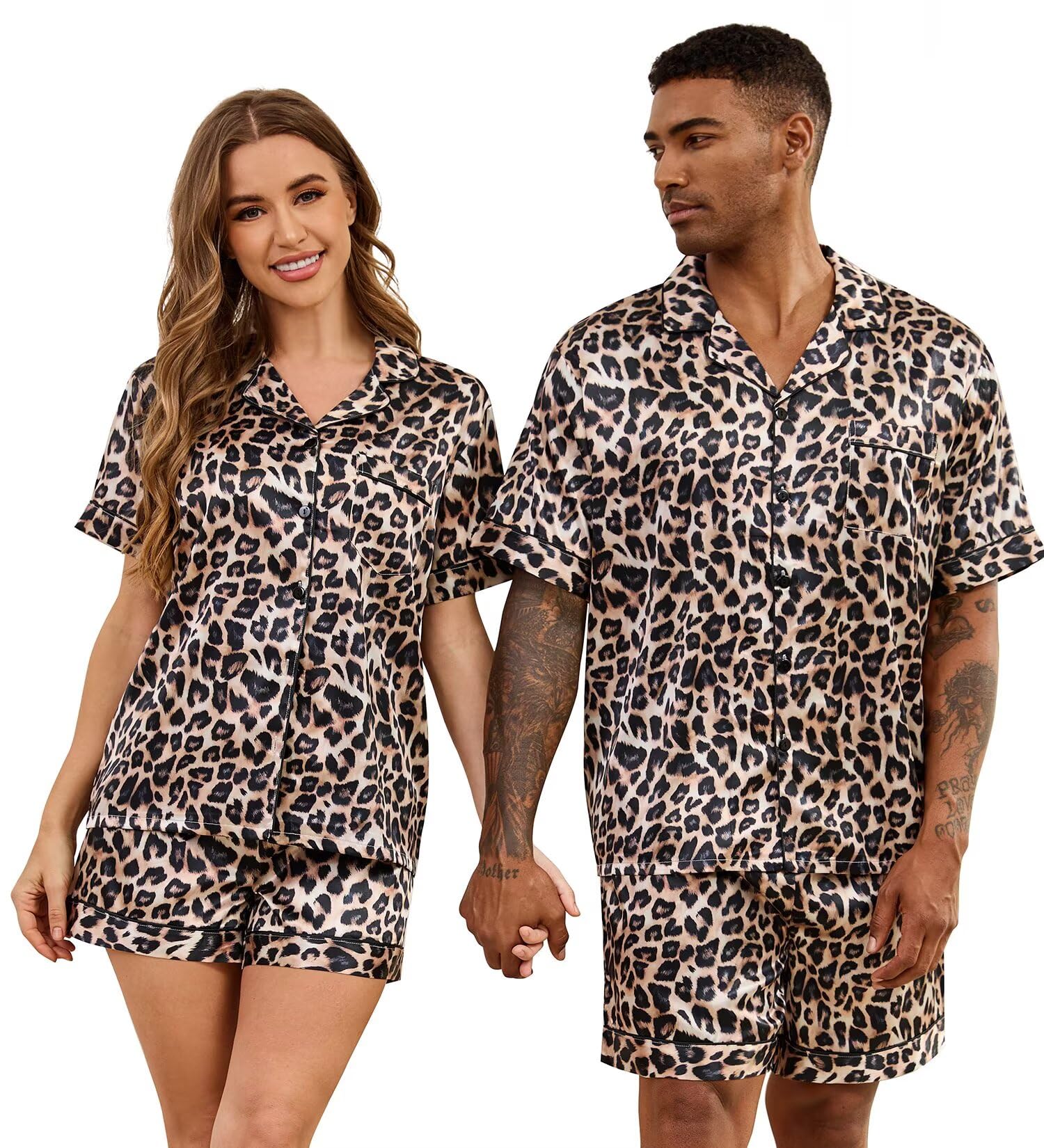 SWOMOG Couple Matching Pajamas Sets Women & Men Button Down Silk Pjs Men Short Sleeve Soft Lounge Sets 2 Pcs Loungewear