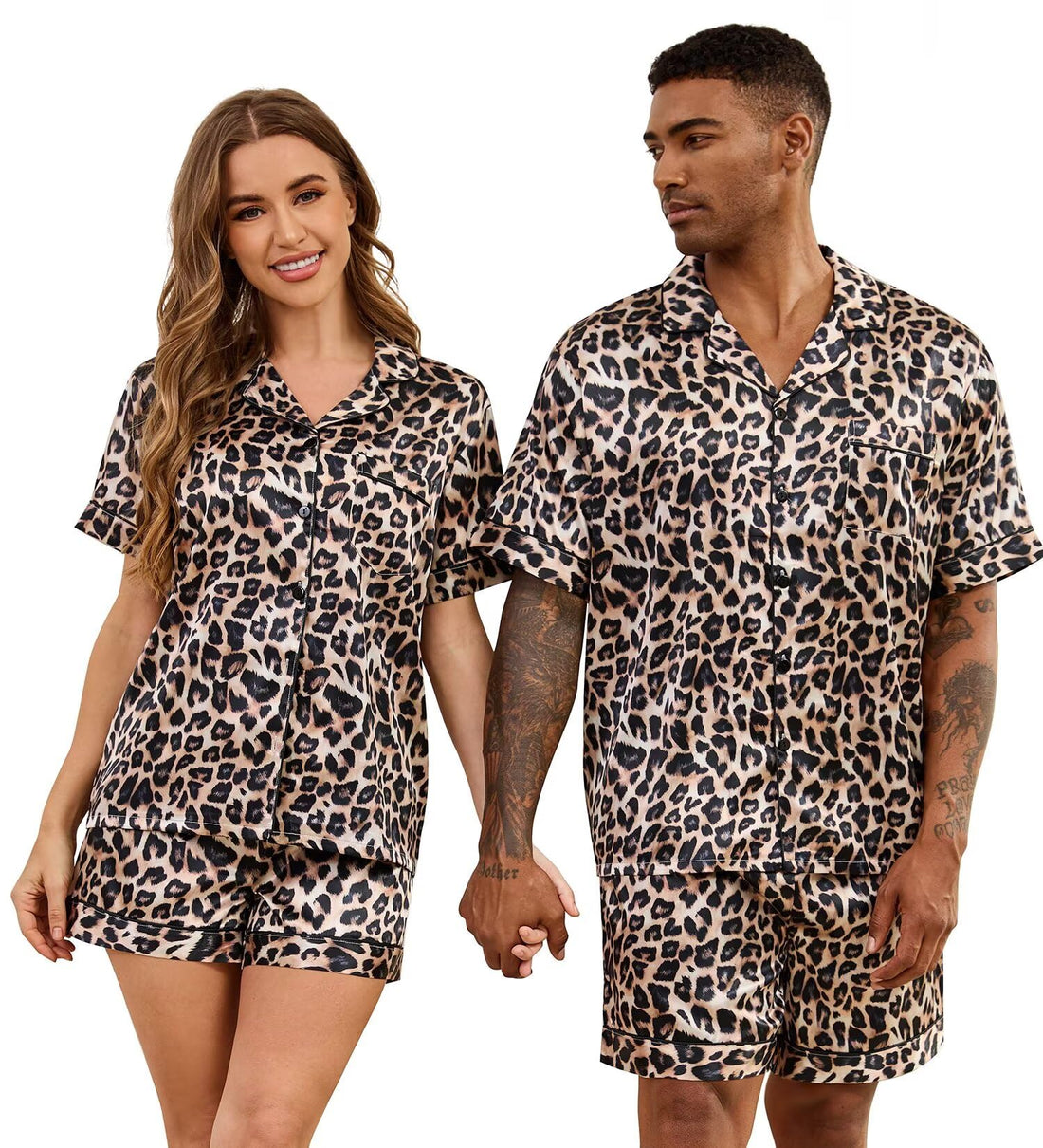 SWOMOG Couple Matching Pajamas Sets Women & Men Button Down Silk Pjs Men Short Sleeve Soft Lounge Sets 2 Pcs Loungewear