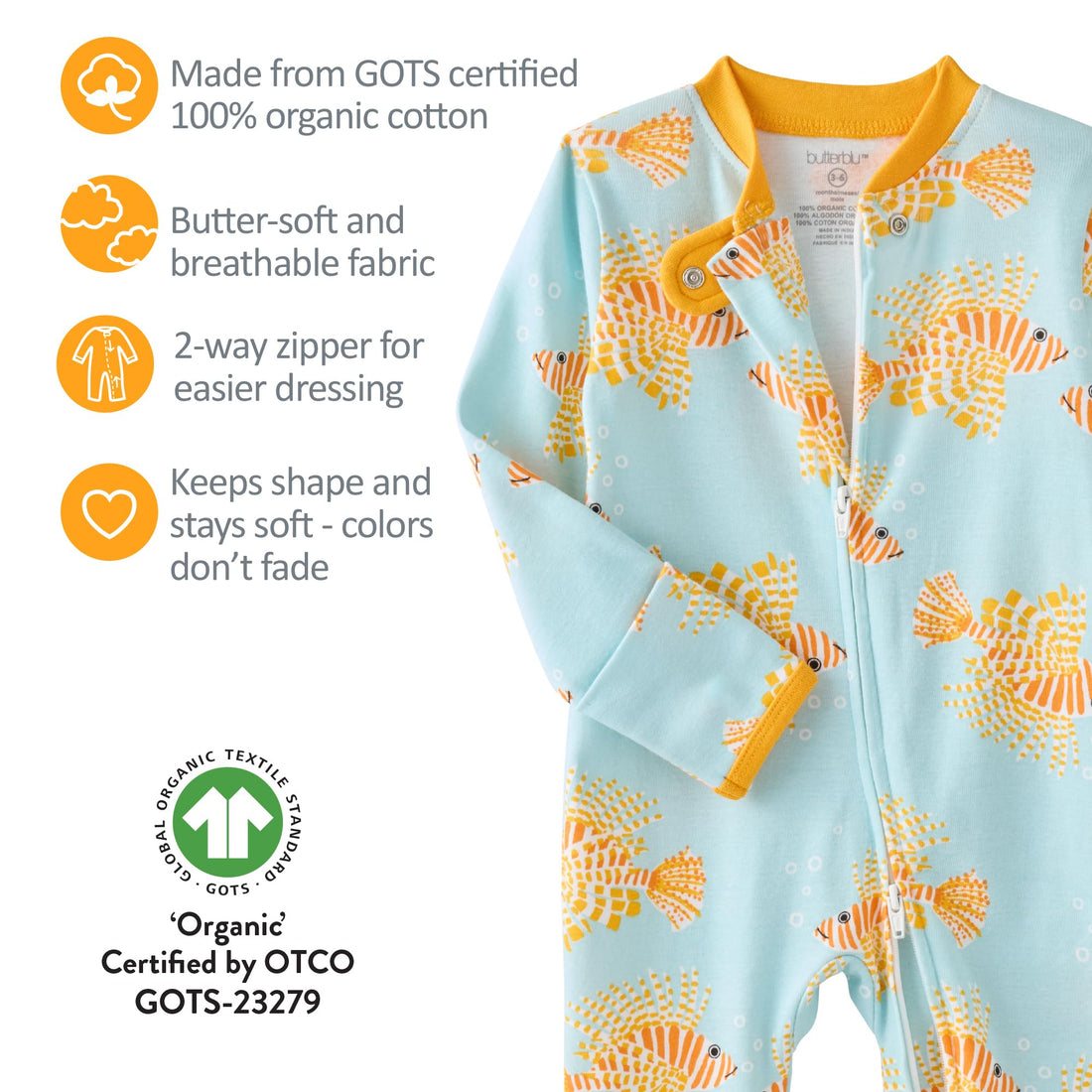 Butterblu Shadow Sleep & Play Baby Pajamas 100% Organic Cotton Two Way Zipper Sleeper Pajamas for Baby Boys & Girls