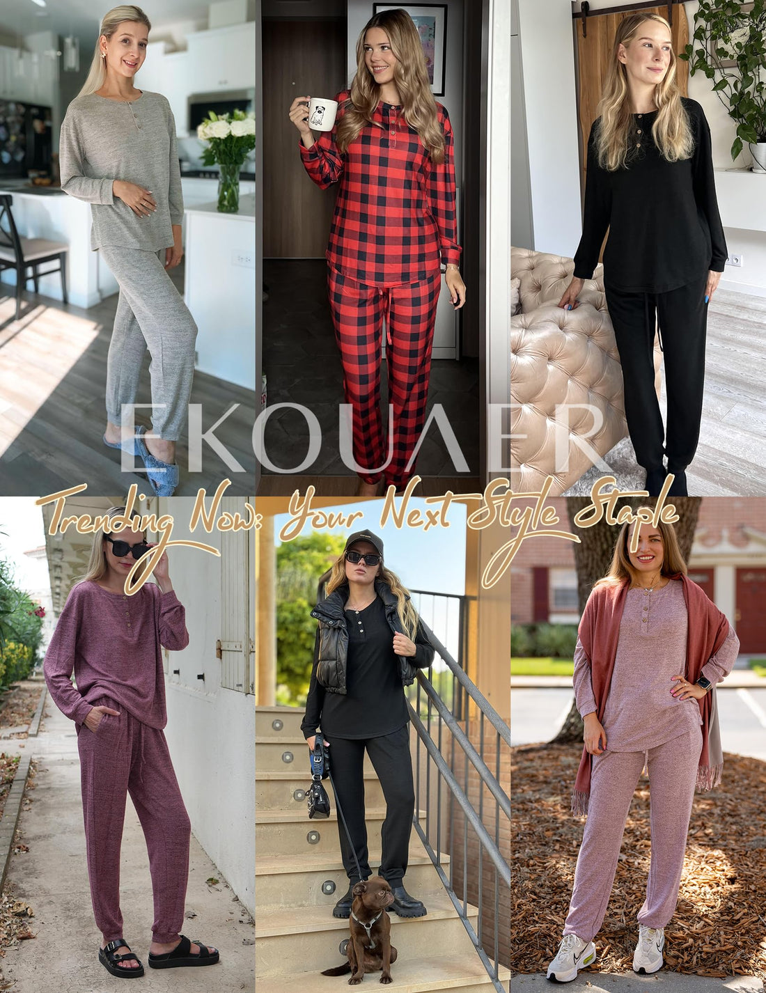 Ekouaer Womens Pajama Sets Long Sleeve Lounge Set 2 Piece Pj Sets for Women Henley Neck Casual Sleepwear Loungewear S-XXL